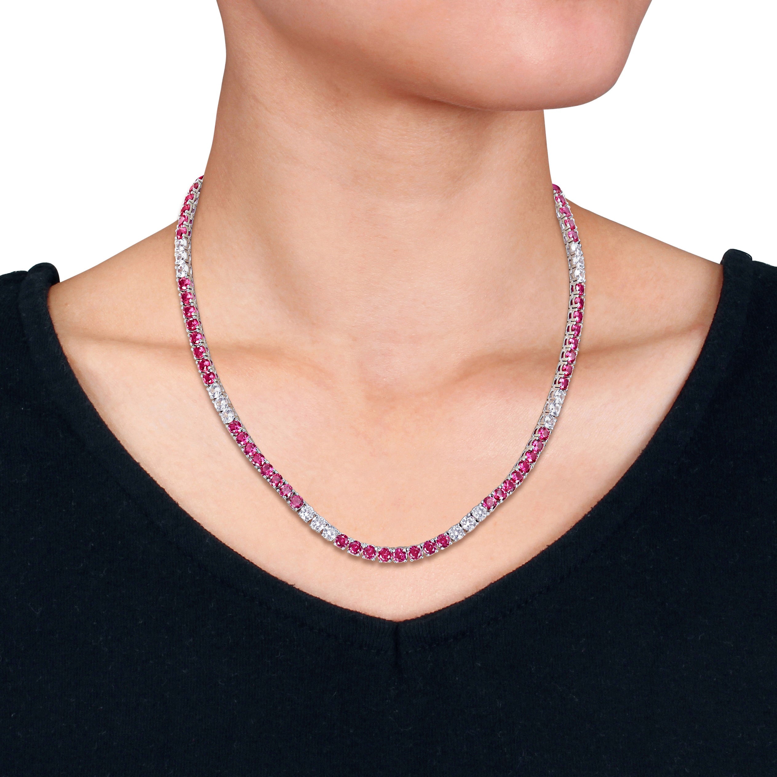 Sterling silver tennis necklace with alternating gemstones, side angle by Lord & Taylor