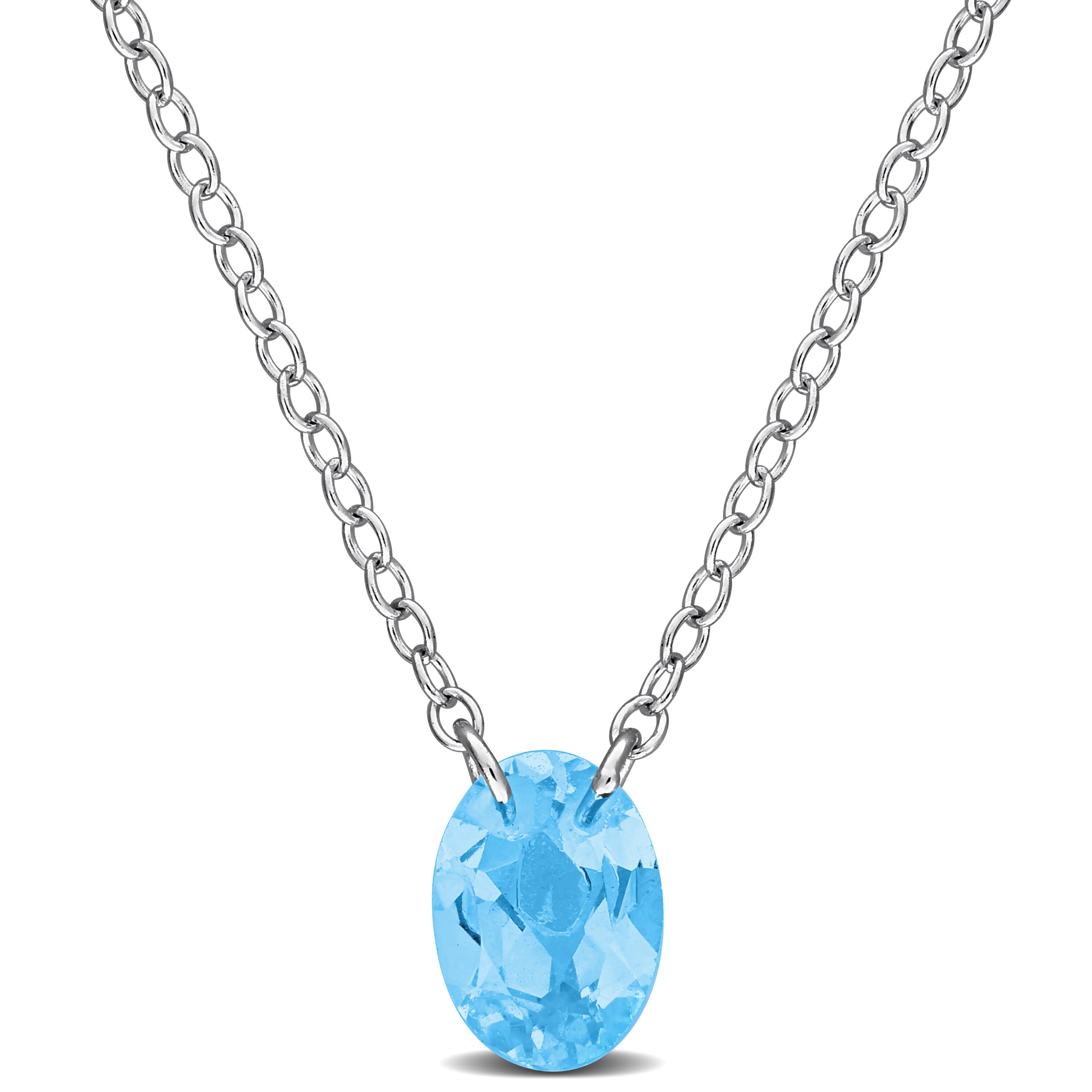 Blue topaz oval gemstone pendant necklace in sterling silver, front view by Lord & Taylor