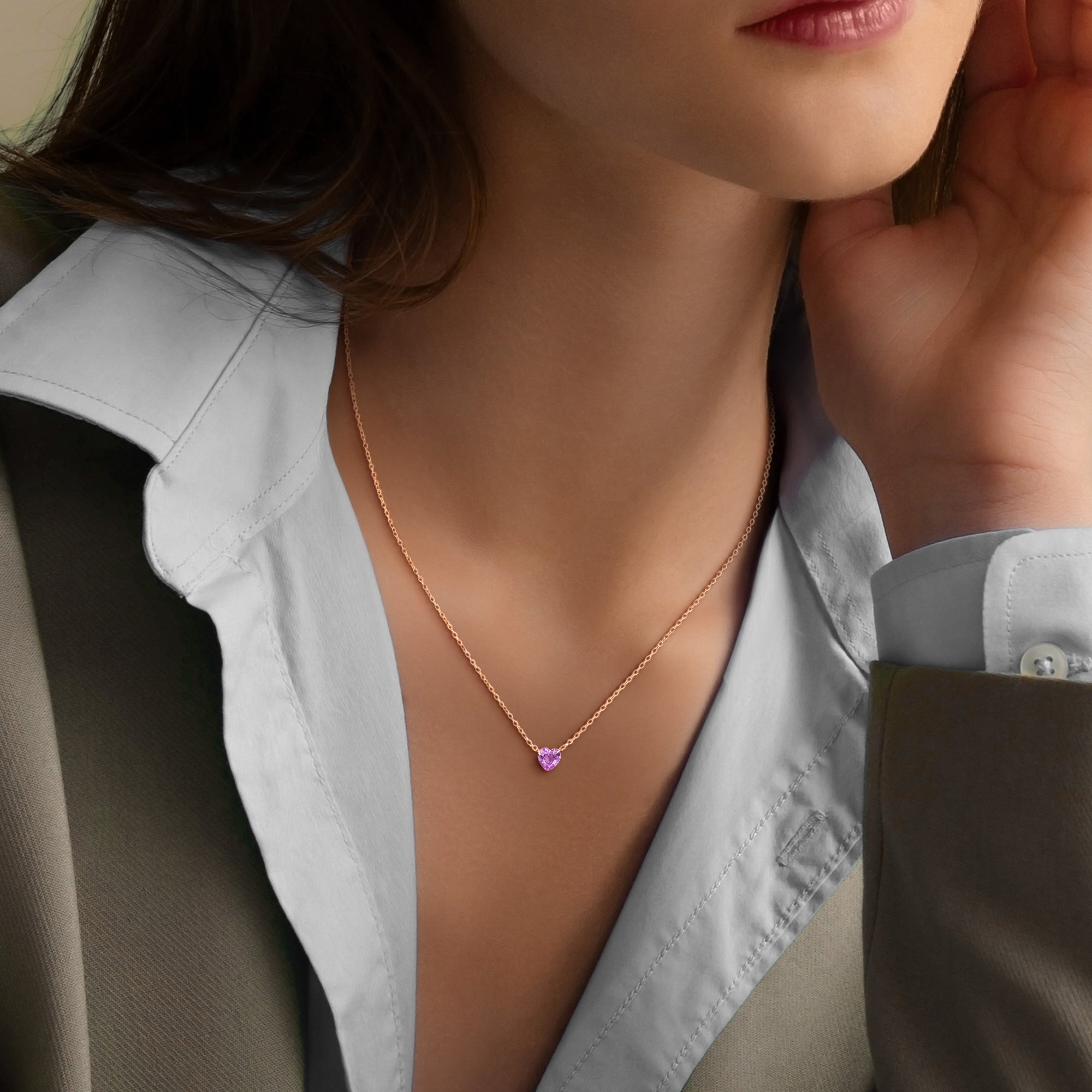 Amethyst heart necklace worn on model showing 17-inch chain length by Lord & Taylor