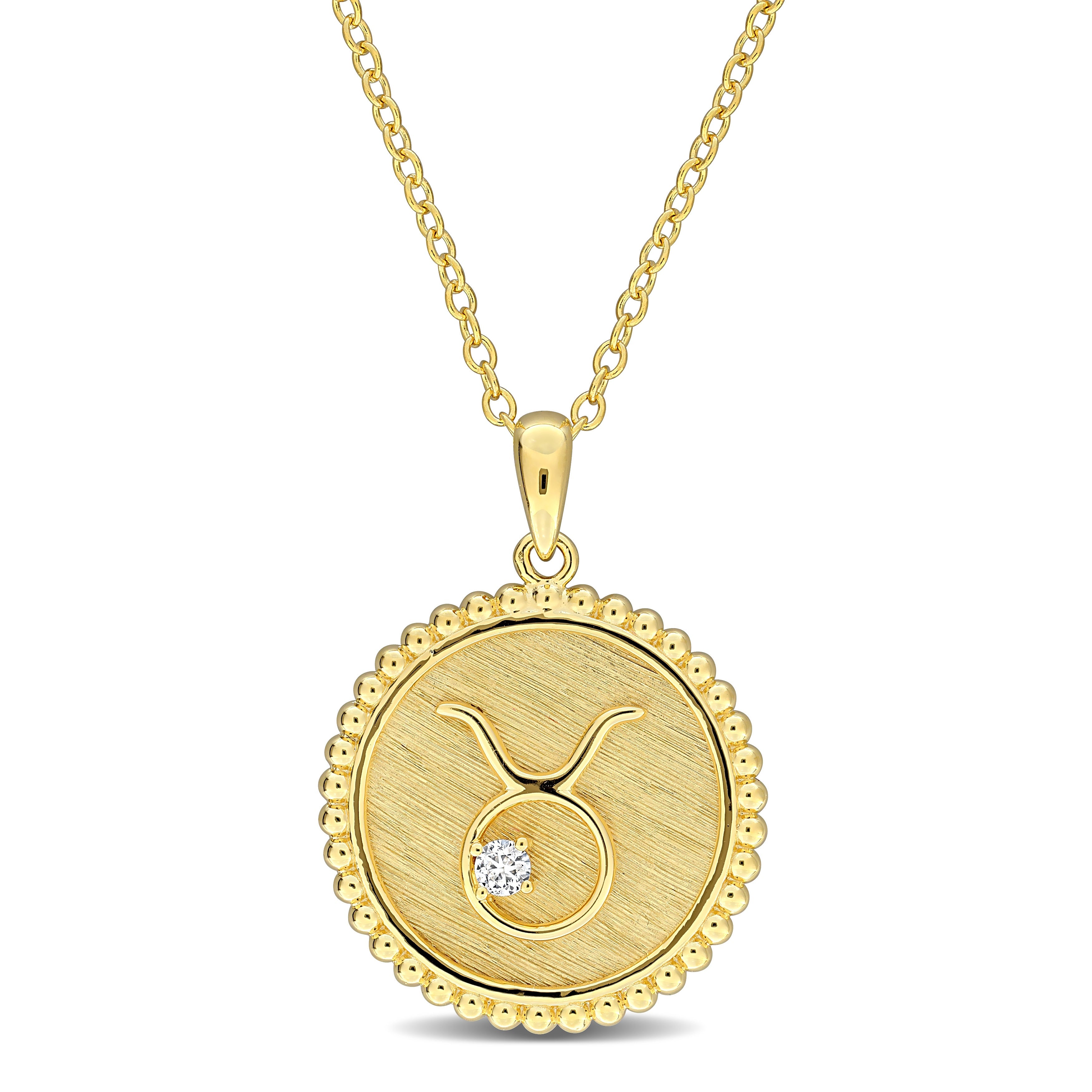Yellow-plated sterling silver Aries zodiac pendant with white sapphire, detail view by Lord & Taylor
