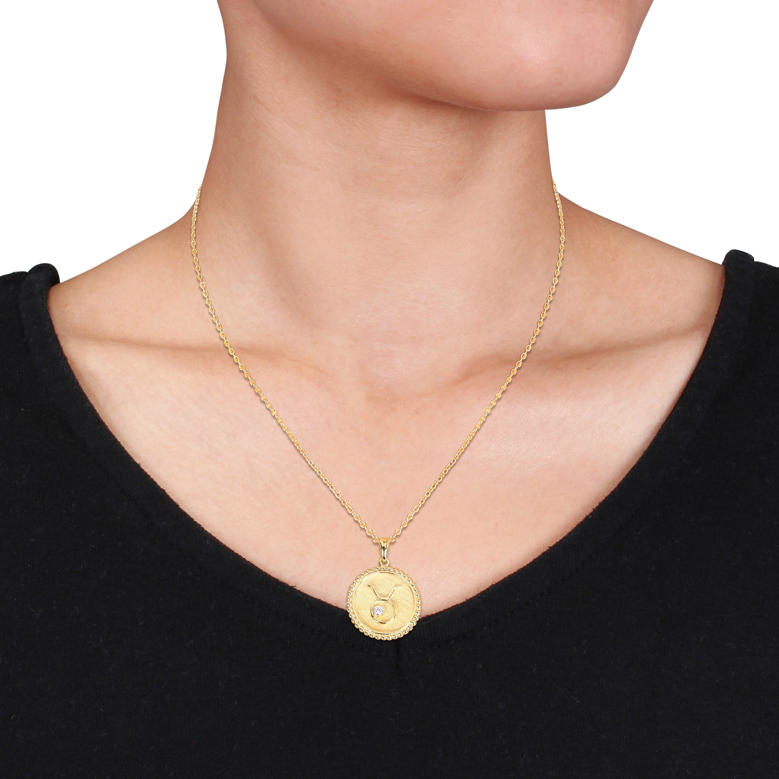 Yellow-plated sterling silver Aries zodiac pendant necklace, front view by Lord & Taylor