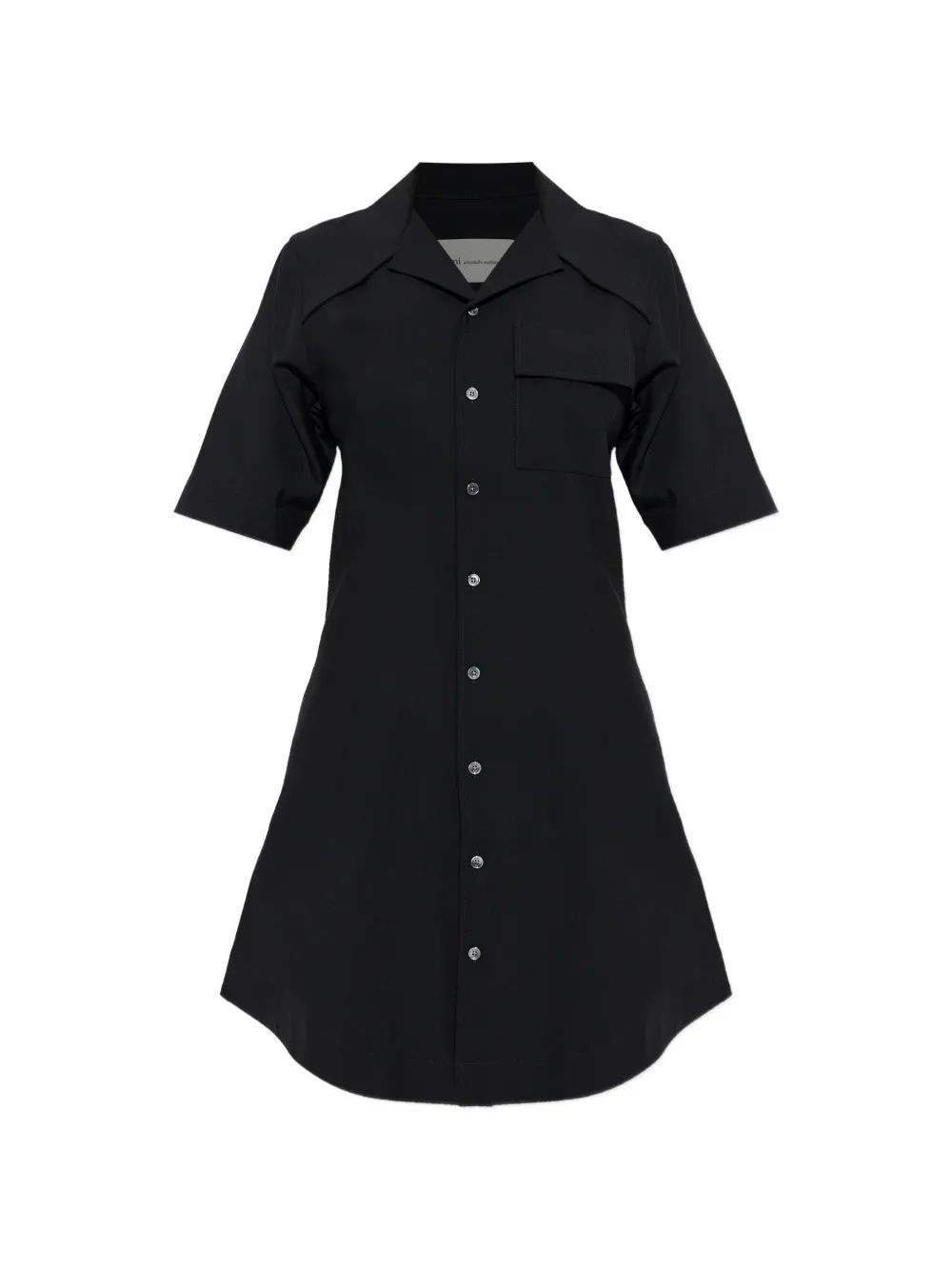 Black wool mid-thigh shirt dress by AMI Paris, front view on model