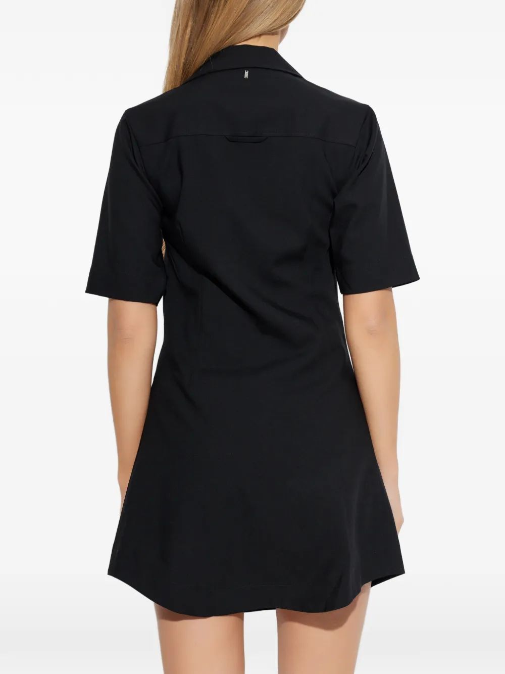 Black AMI Paris wool shirt dress, three-quarter back view on model