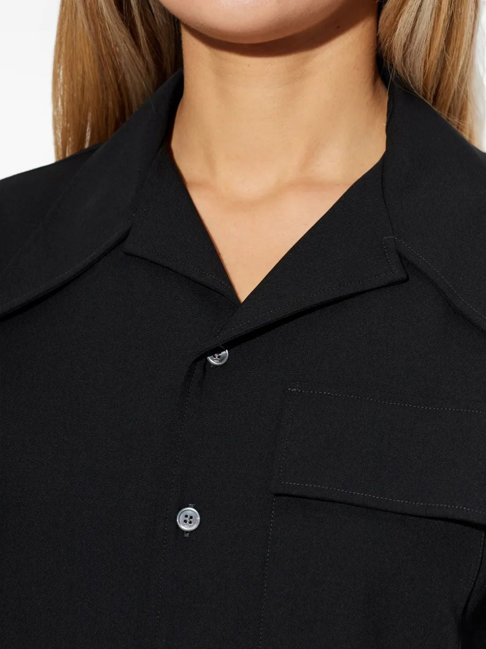 Black wool mid-thigh shirt dress by AMI Paris, alternate angle on model