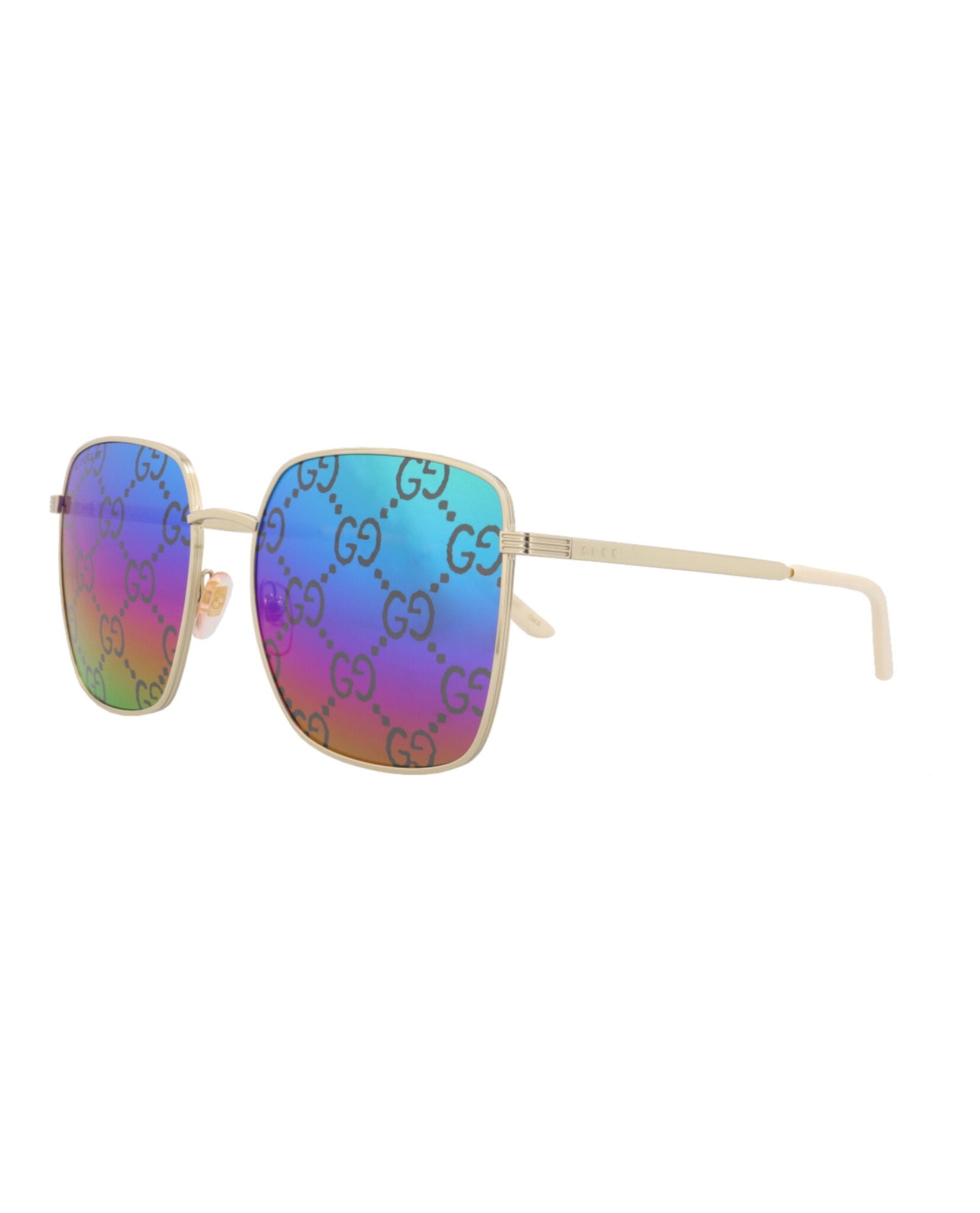 Black square-frame metal sunglasses by Gucci, side angle view