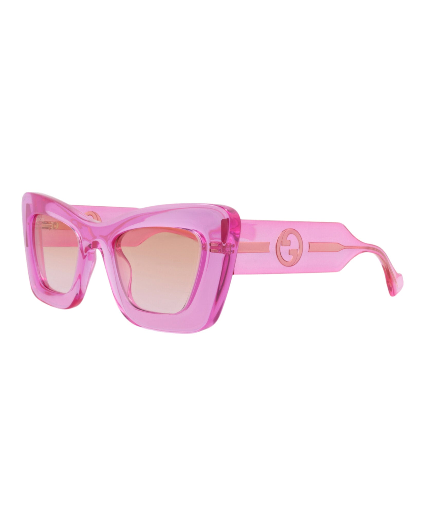 Pink Gucci cat-eye sunglasses with gradient lenses, side angle