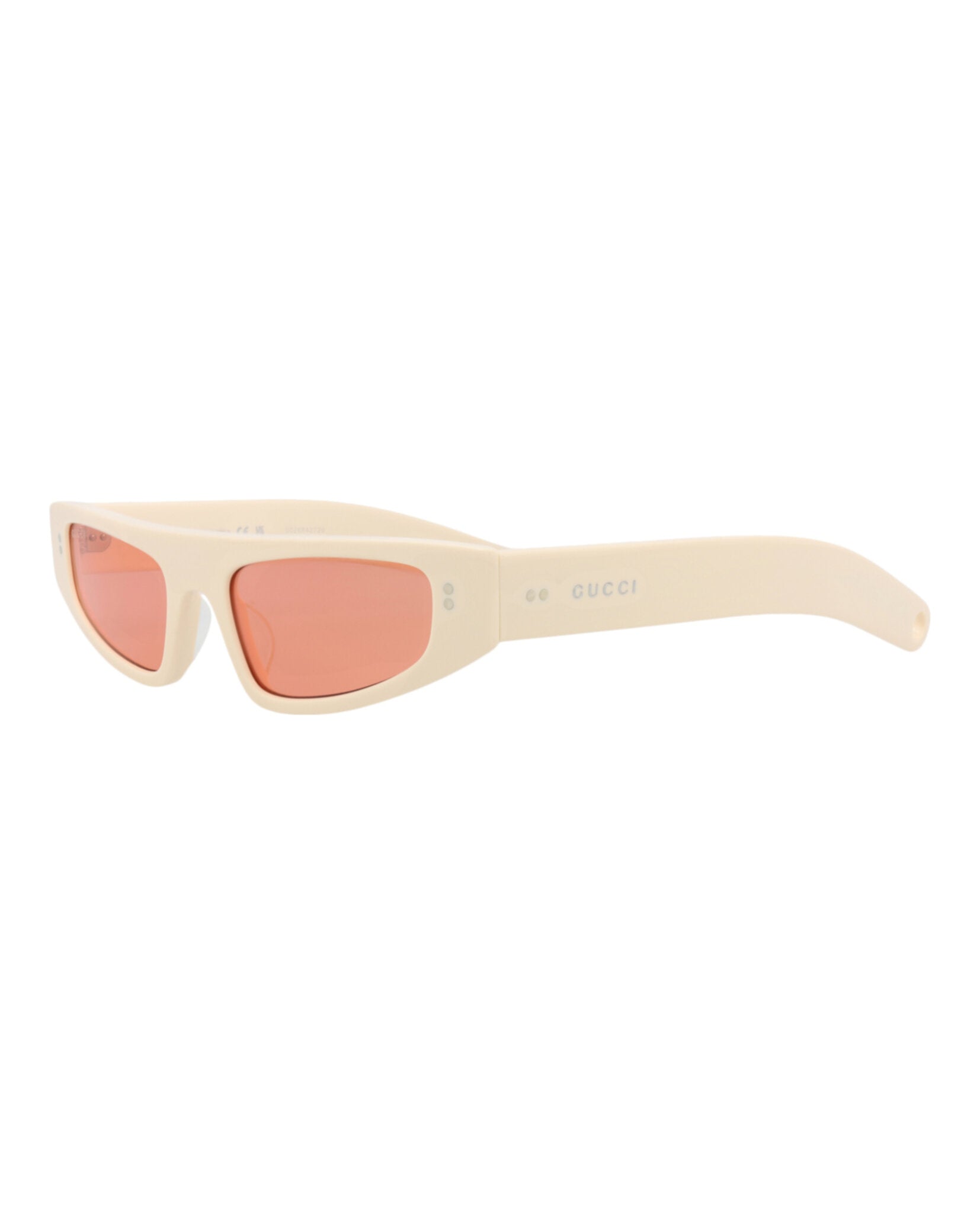 Ivory cat-eye sunglasses with rose lenses by Gucci, side angle