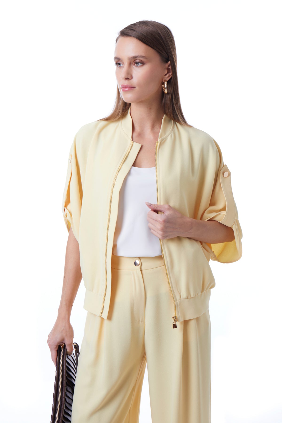 Yellow bomber jacket roll-tab button cuff detail by Lord & Taylor Heritage