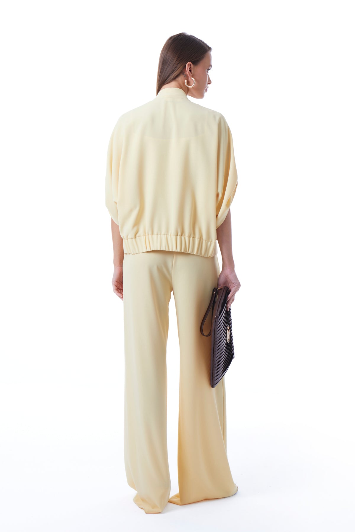 Yellow bomber jacket batwing sleeve drape by Lord & Taylor Heritage, close-up view