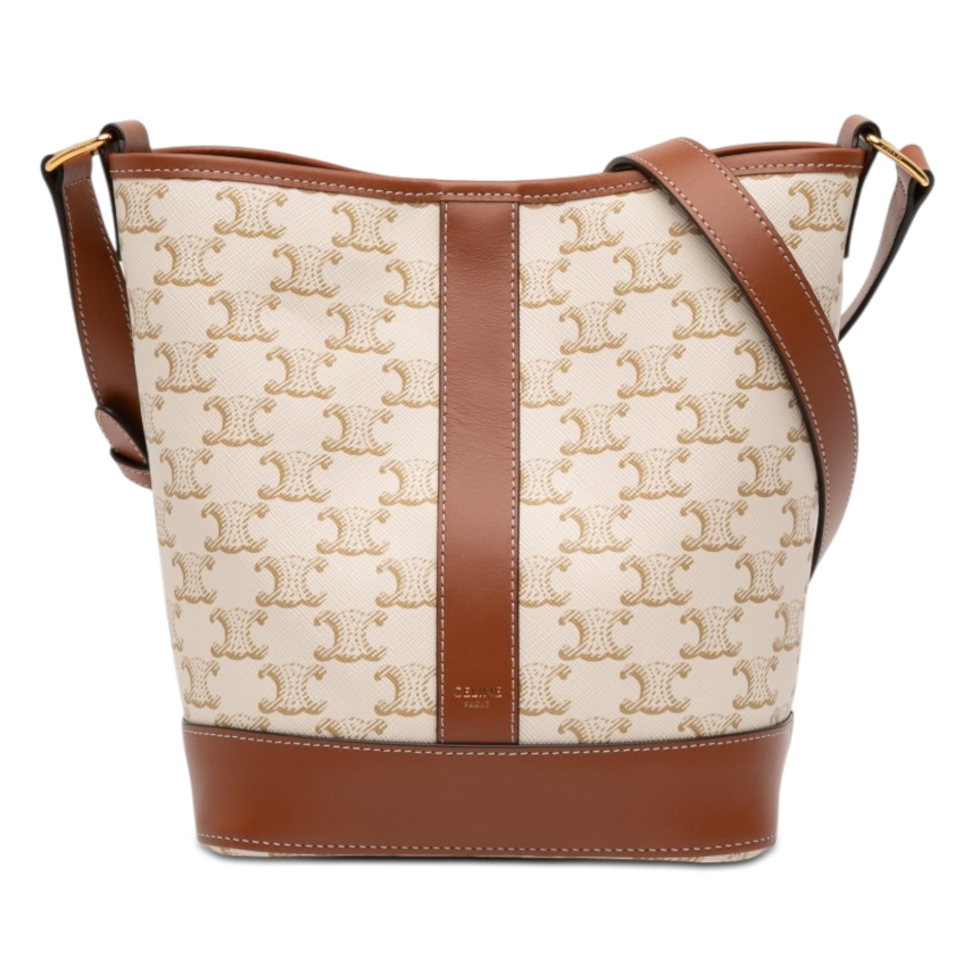 Beige Celine Small Triomphe bucket bag in coated canvas, front view