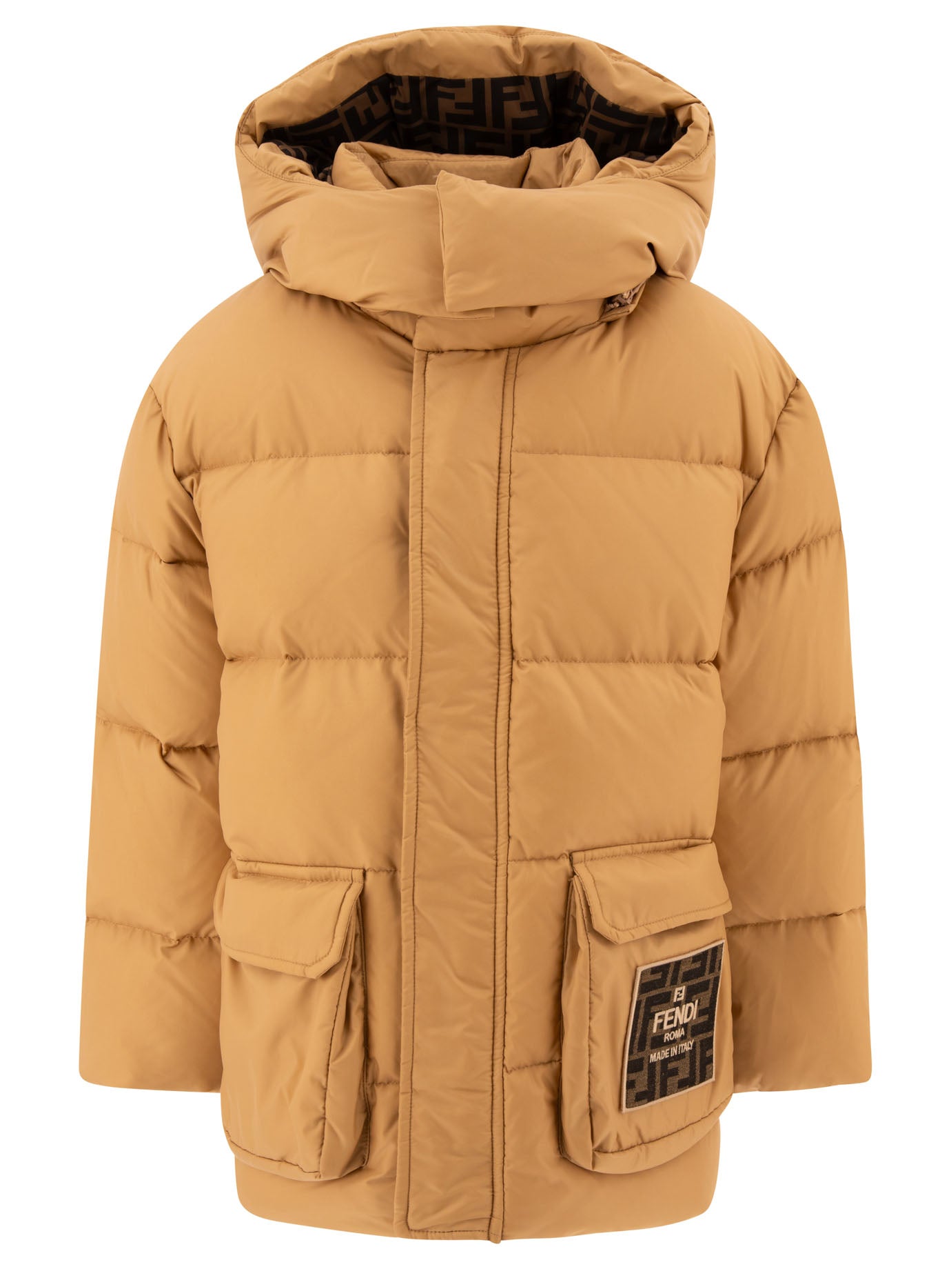 DOWN JACKET WITH PATCH LOGO FENDI KIDS BEIGE 12+