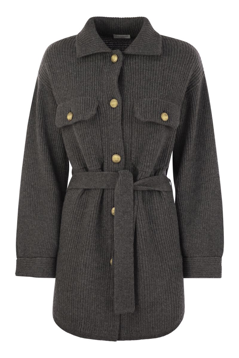 CARDIGAN IN VIRGIN WOOL, CASHMERE AND SILK ENGLISH RIB WITH METAL BUTTONS AND BELT Brunello Cucinelli PLUM XS