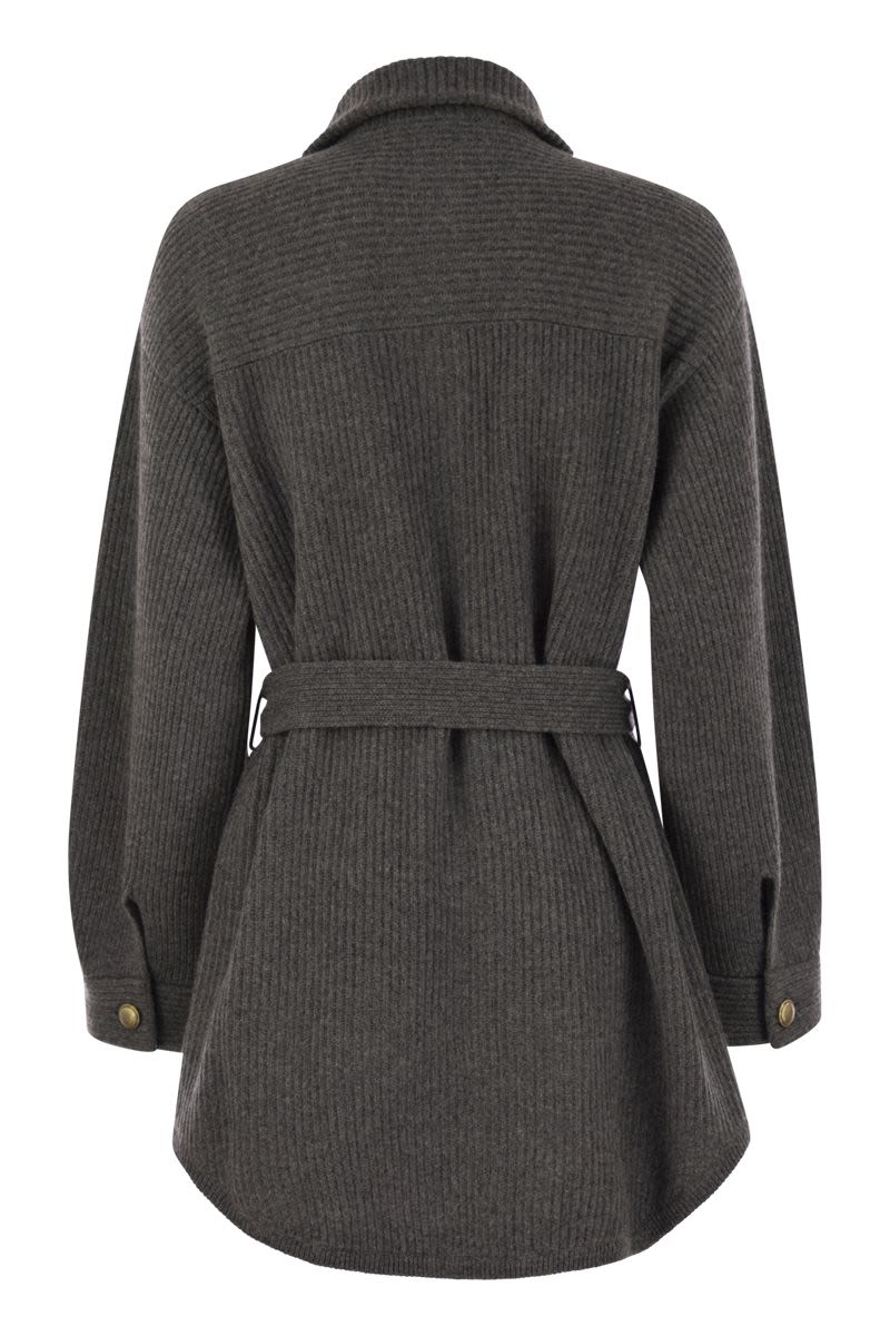 CARDIGAN IN VIRGIN WOOL, CASHMERE AND SILK ENGLISH RIB WITH METAL BUTTONS AND BELT Brunello Cucinelli