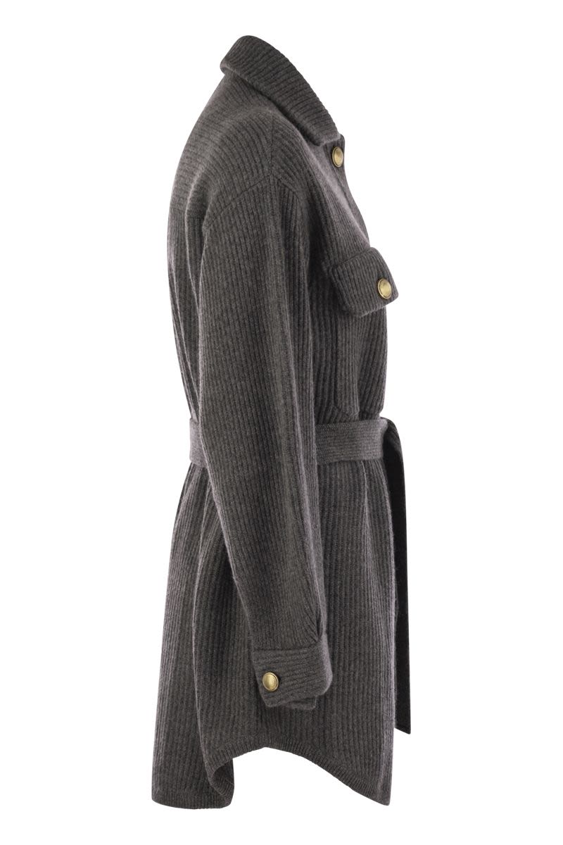 CARDIGAN IN VIRGIN WOOL, CASHMERE AND SILK ENGLISH RIB WITH METAL BUTTONS AND BELT Brunello Cucinelli