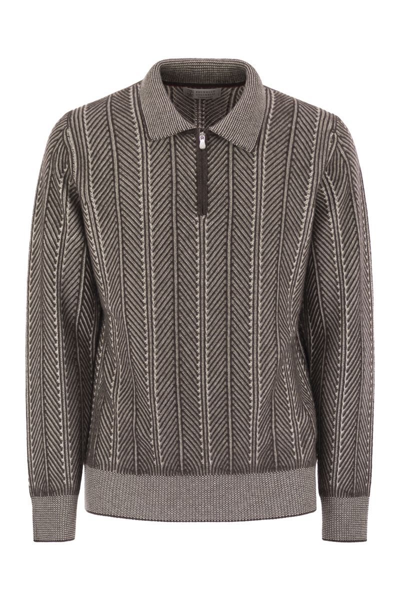 VANISé CHEVRON CASHMERE SWEATER WITH POLO NECK AND ZIP OPENING Brunello Cucinelli GREY 50