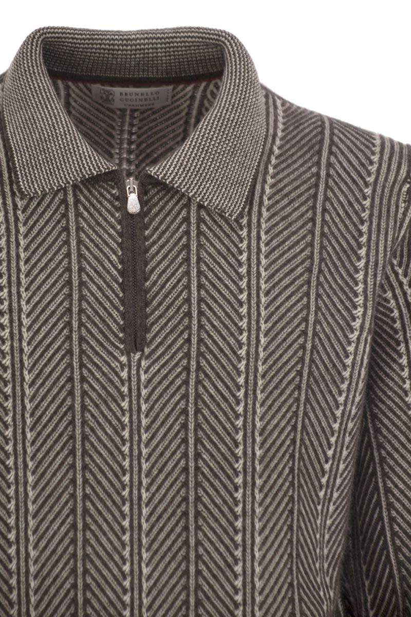 VANISé CHEVRON CASHMERE SWEATER WITH POLO NECK AND ZIP OPENING Brunello Cucinelli