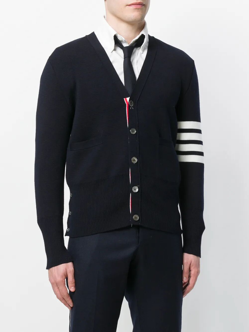 MILANO STITCH V NECK CARDIGAN WITH 4 BAR IN FINE MERINO WOOL Thom Browne