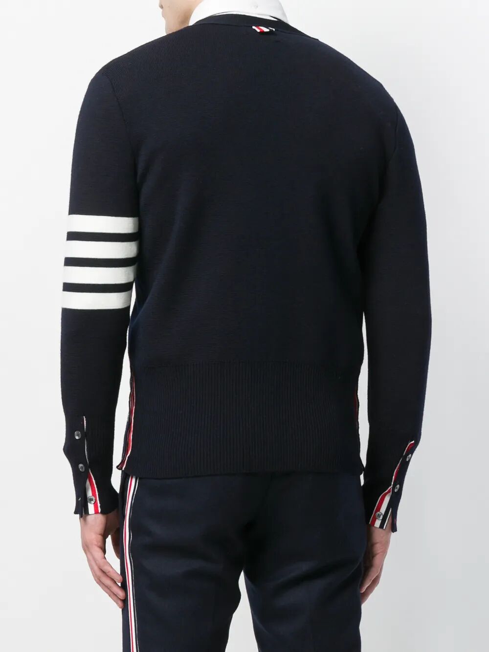 MILANO STITCH V NECK CARDIGAN WITH 4 BAR IN FINE MERINO WOOL Thom Browne
