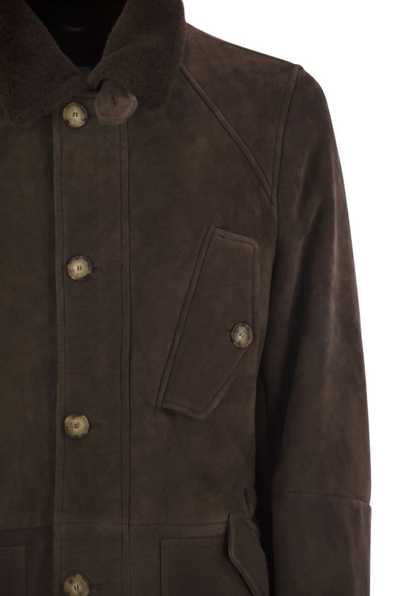 TONE-ON-TONE SUEDE SHEARLING COAT Brunello Cucinelli