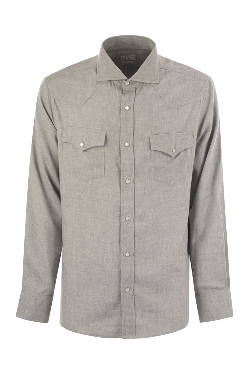 STRETCH COTTON CHEVRON FLANNEL EASY FIT SHIRT WITH SNAP BUTTONS, EPAULETTES AND POCKETS Brunello Cucinelli GREY S