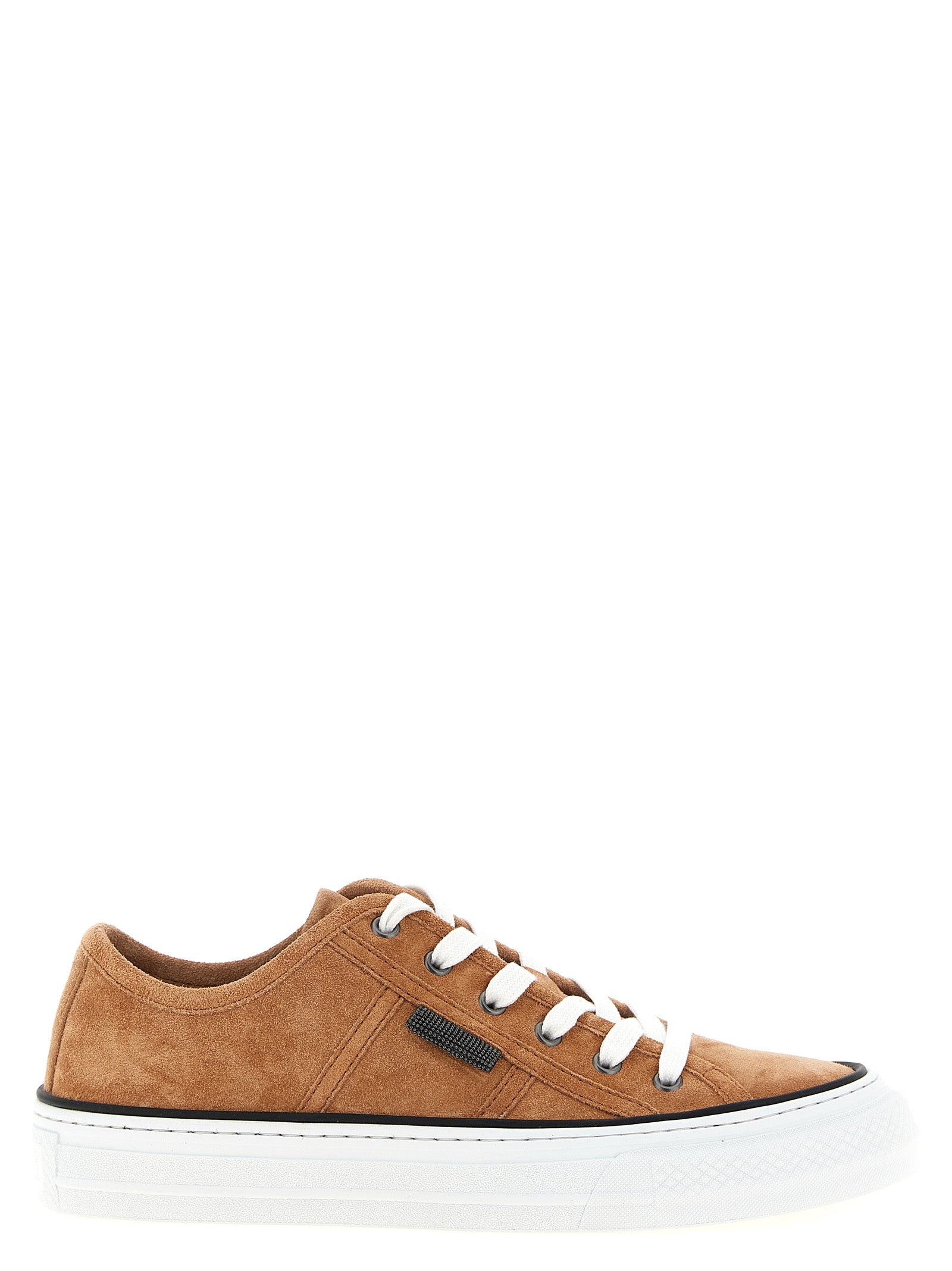 Brown suede low-top sneakers with Monile tab detail by Brunello Cucinelli, side view