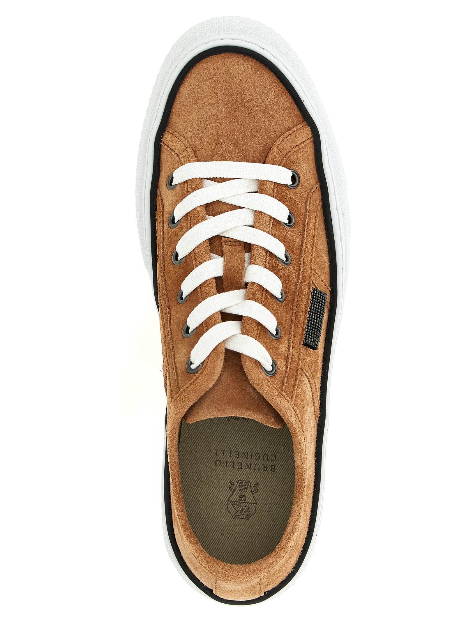Brown suede low-top sneakers by Brunello Cucinelli, sole view showing rubber outsole