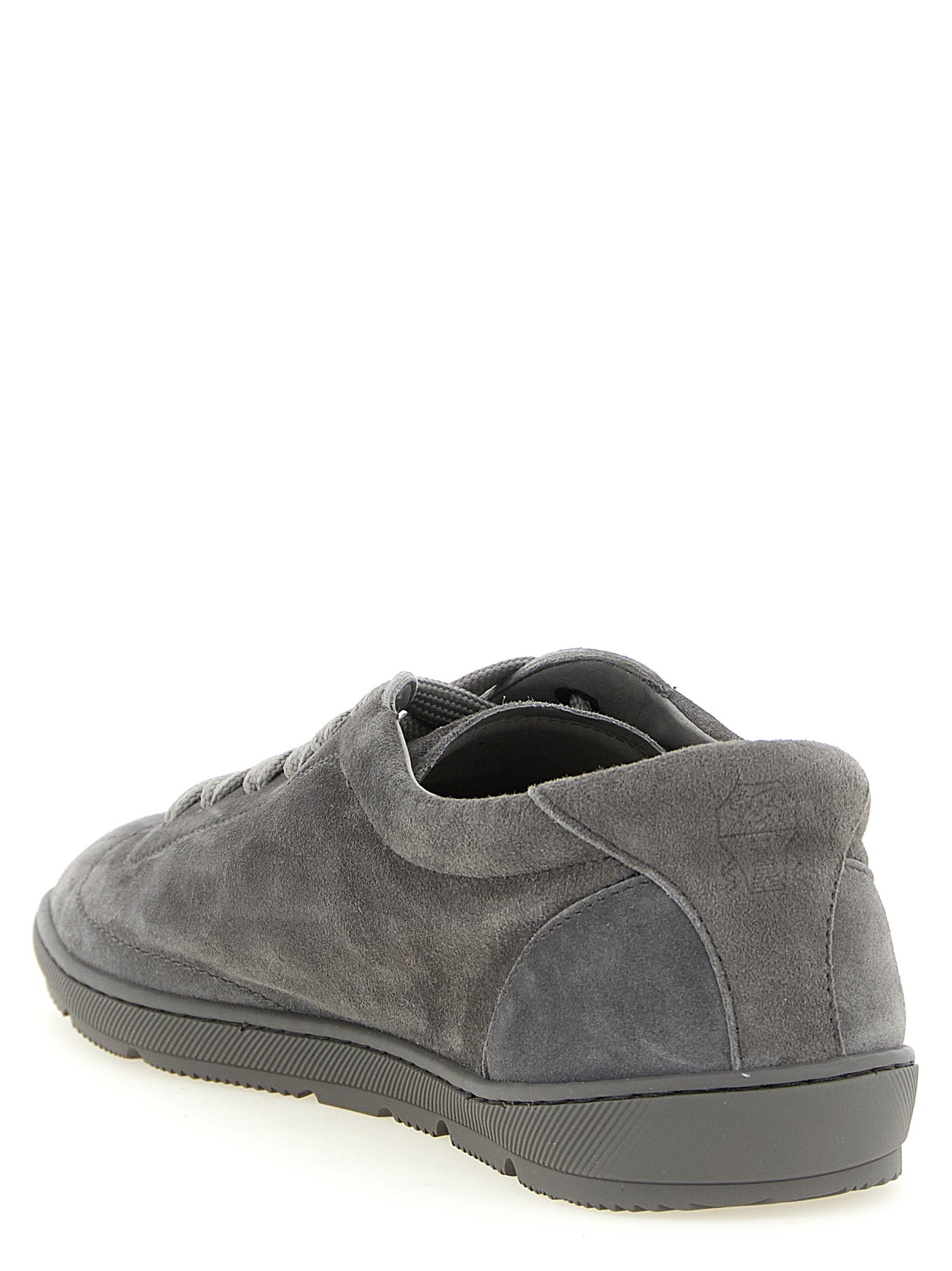 Grey suede low-top sneakers by Brunello Cucinelli, rear view