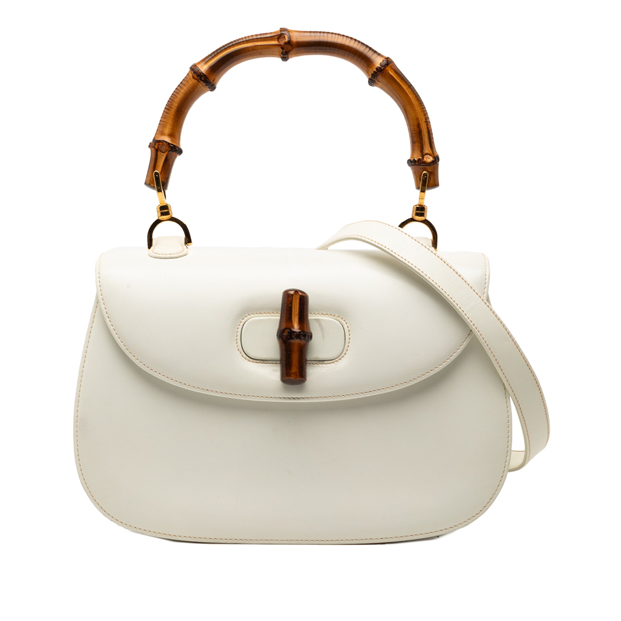 White Gucci Bamboo Night satchel with bamboo handle, front view by Gucci