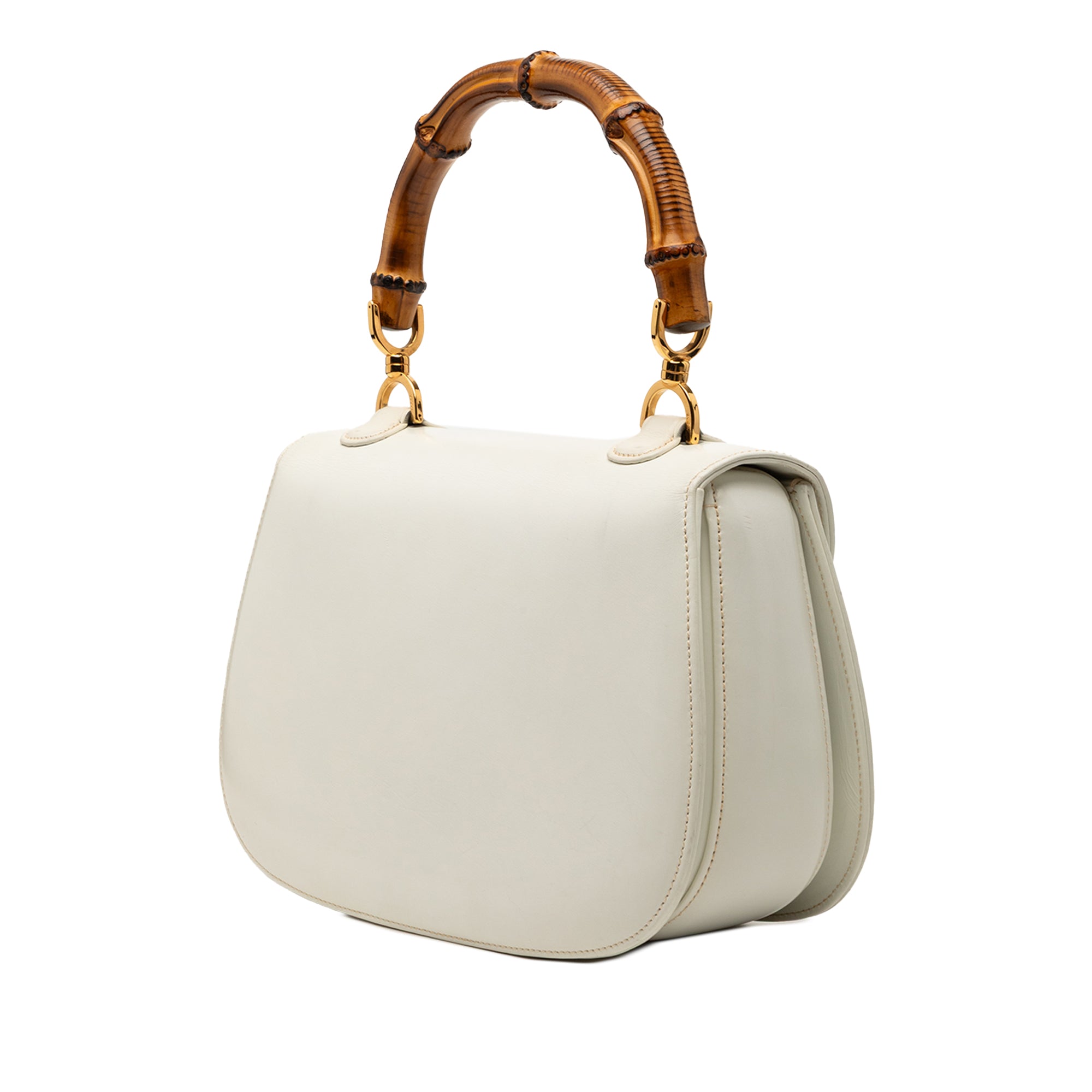 White calfskin Gucci satchel with bamboo twist lock closure, detail view by Gucci
