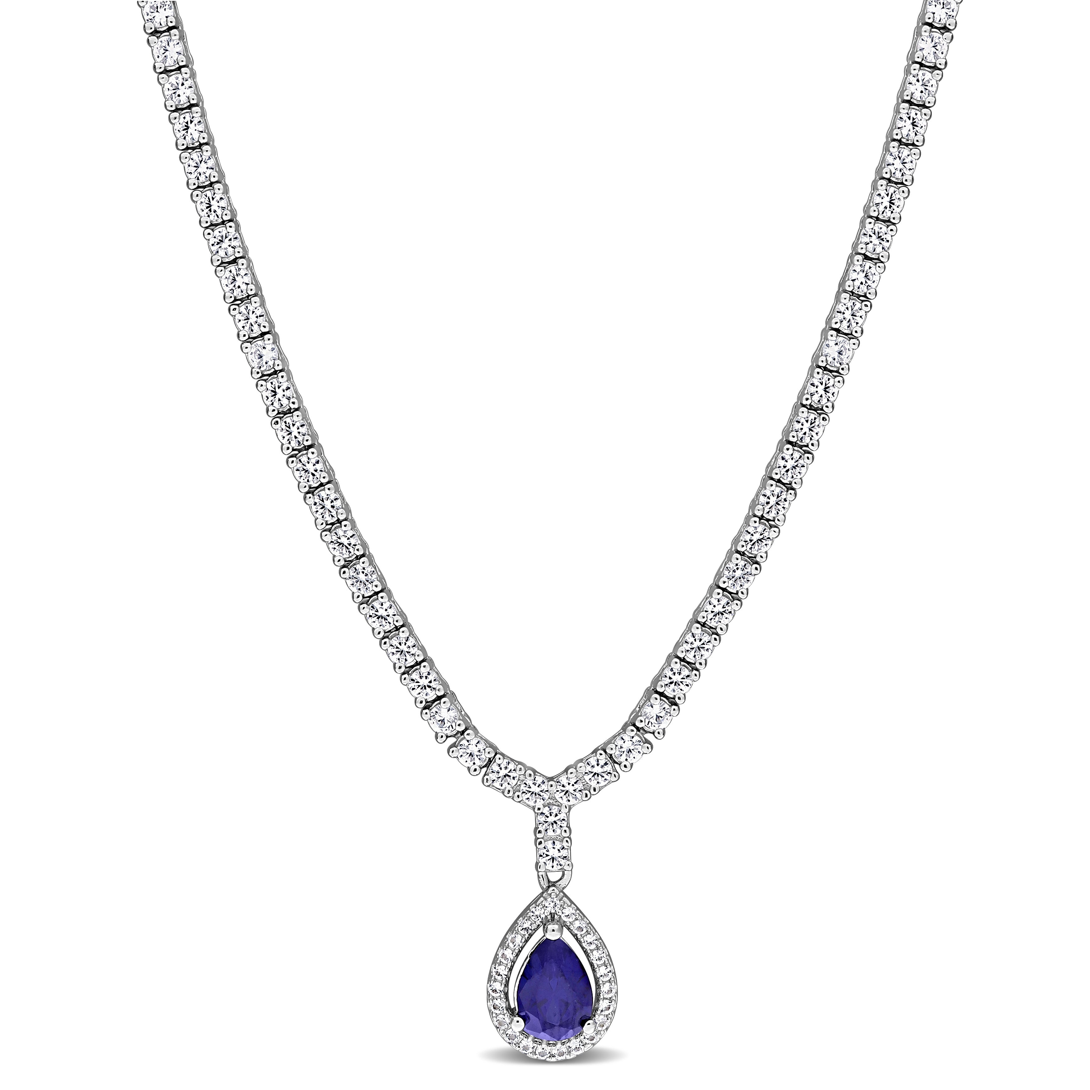Blue sapphire tennis necklace with white sapphire halo in sterling silver by Lord & Taylor, front view