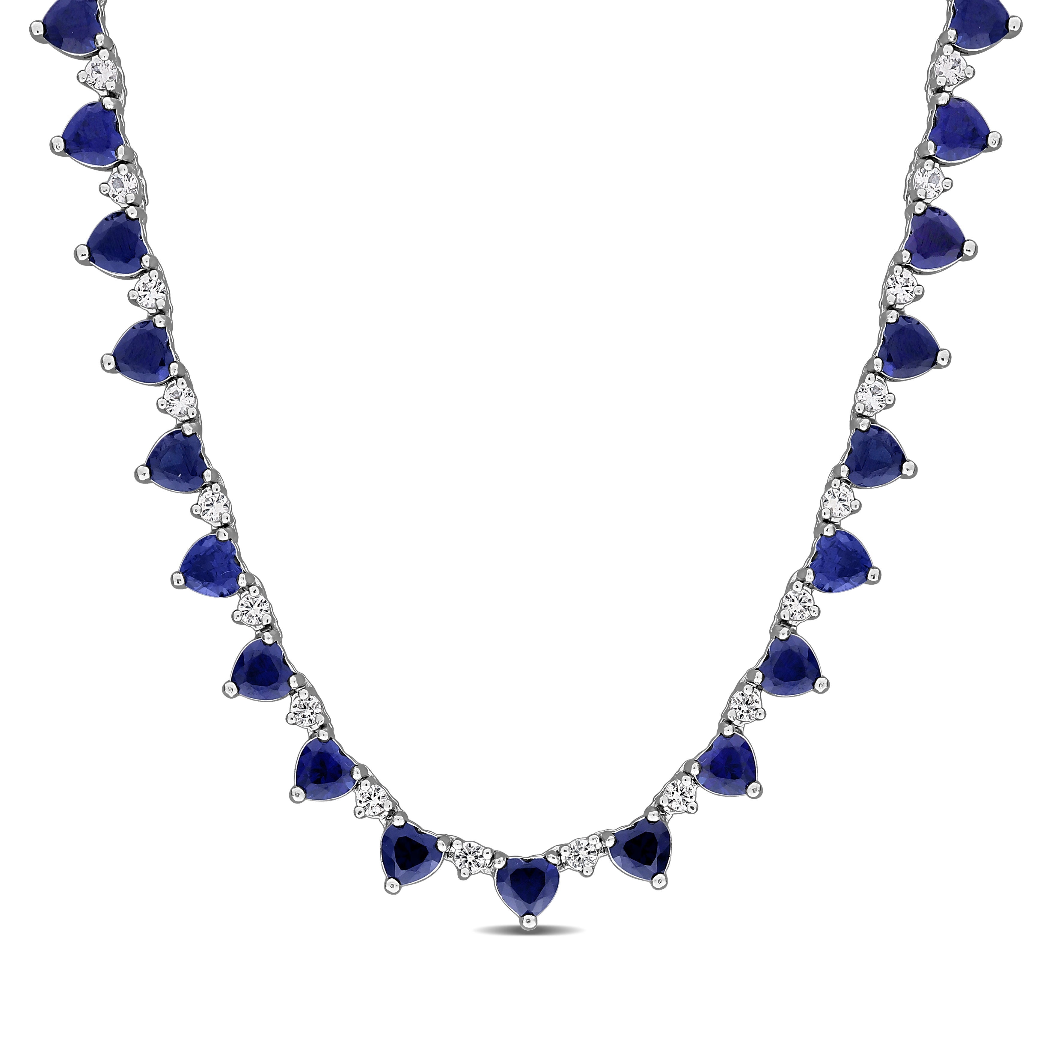 Blue sapphire heart tennis necklace in sterling silver, front view by Lord & Taylor