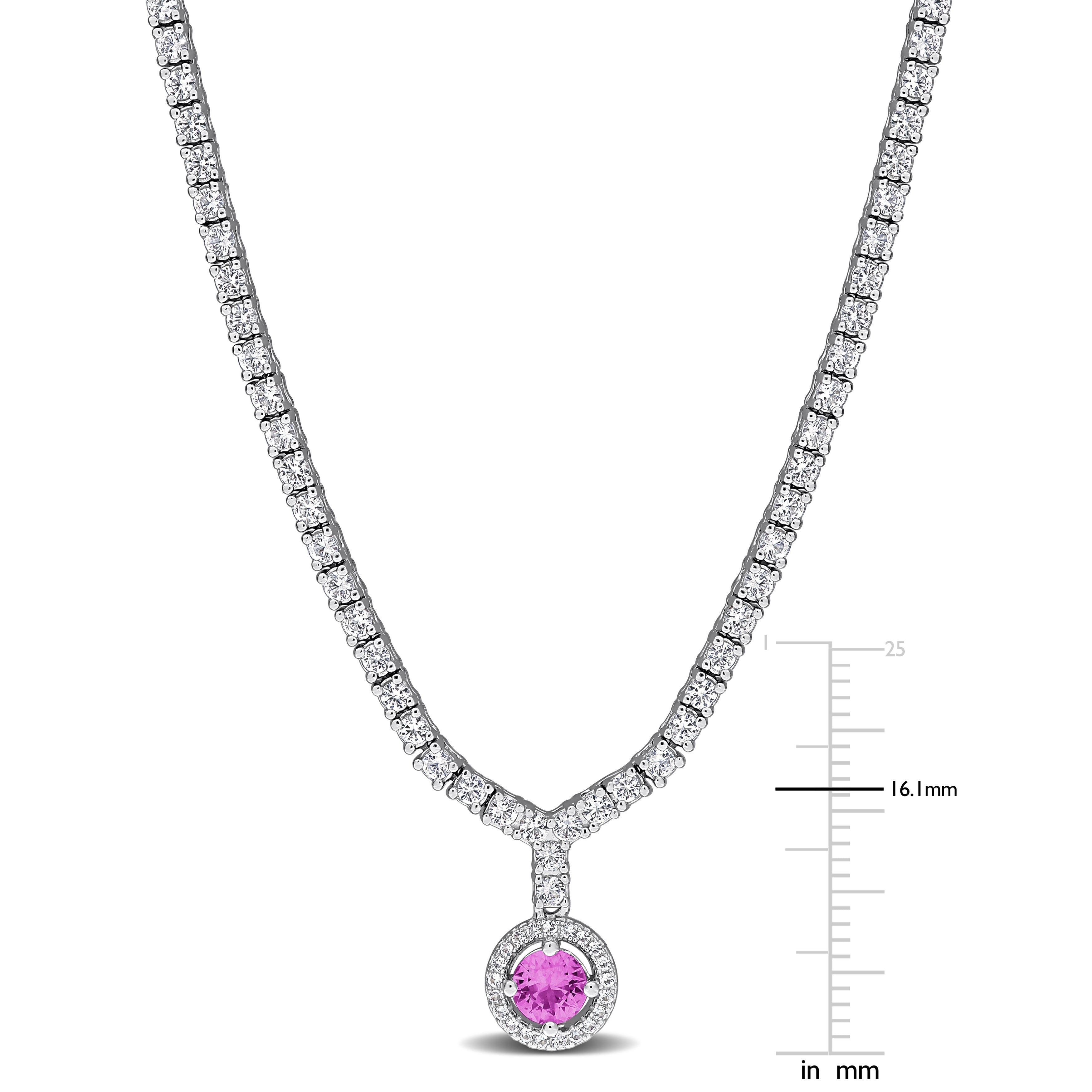 Created pink and white sapphire tennis necklace, clasp and extender detail