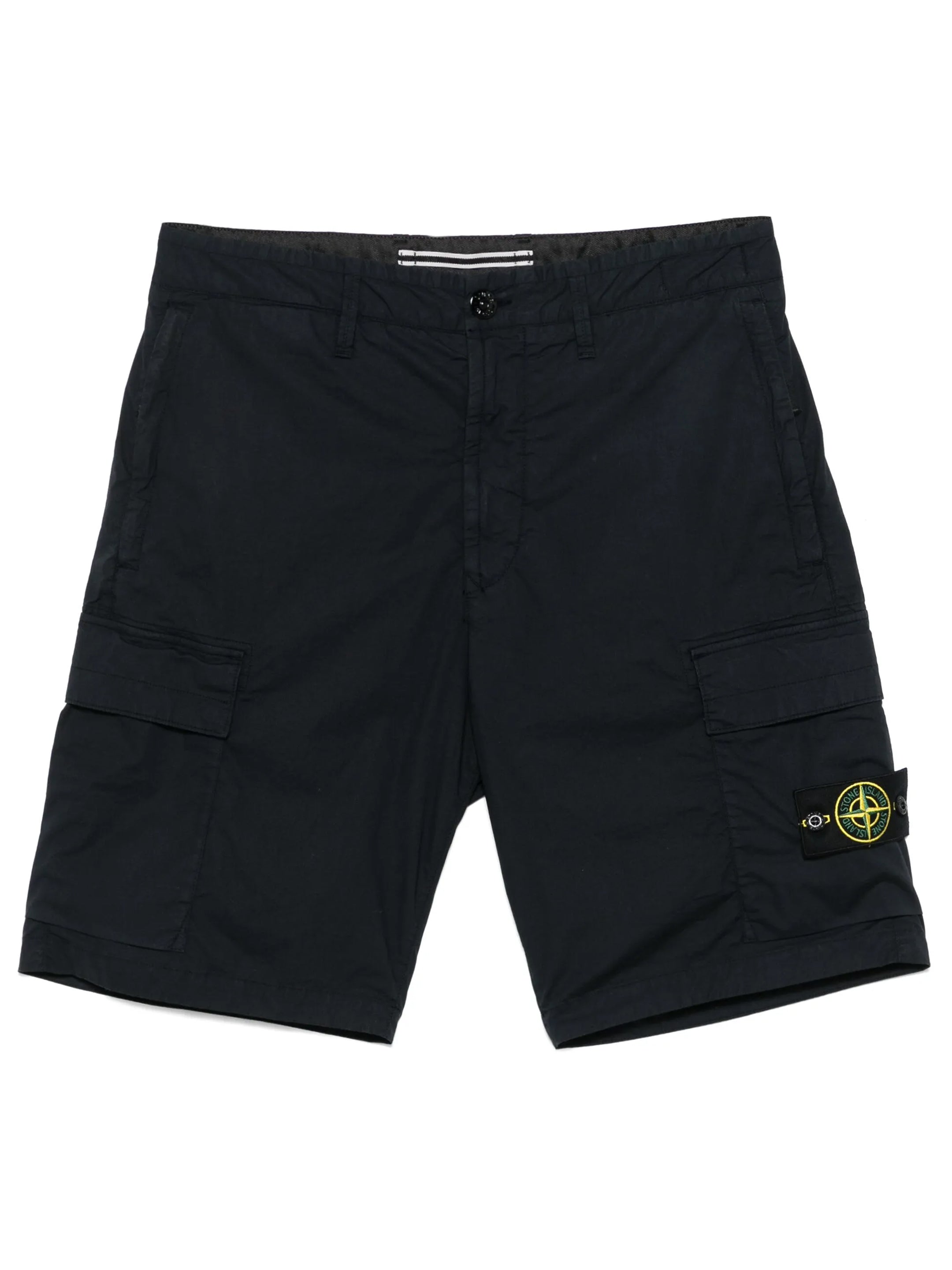 Navy blue Stone Island bermuda shorts with cargo pockets, front view