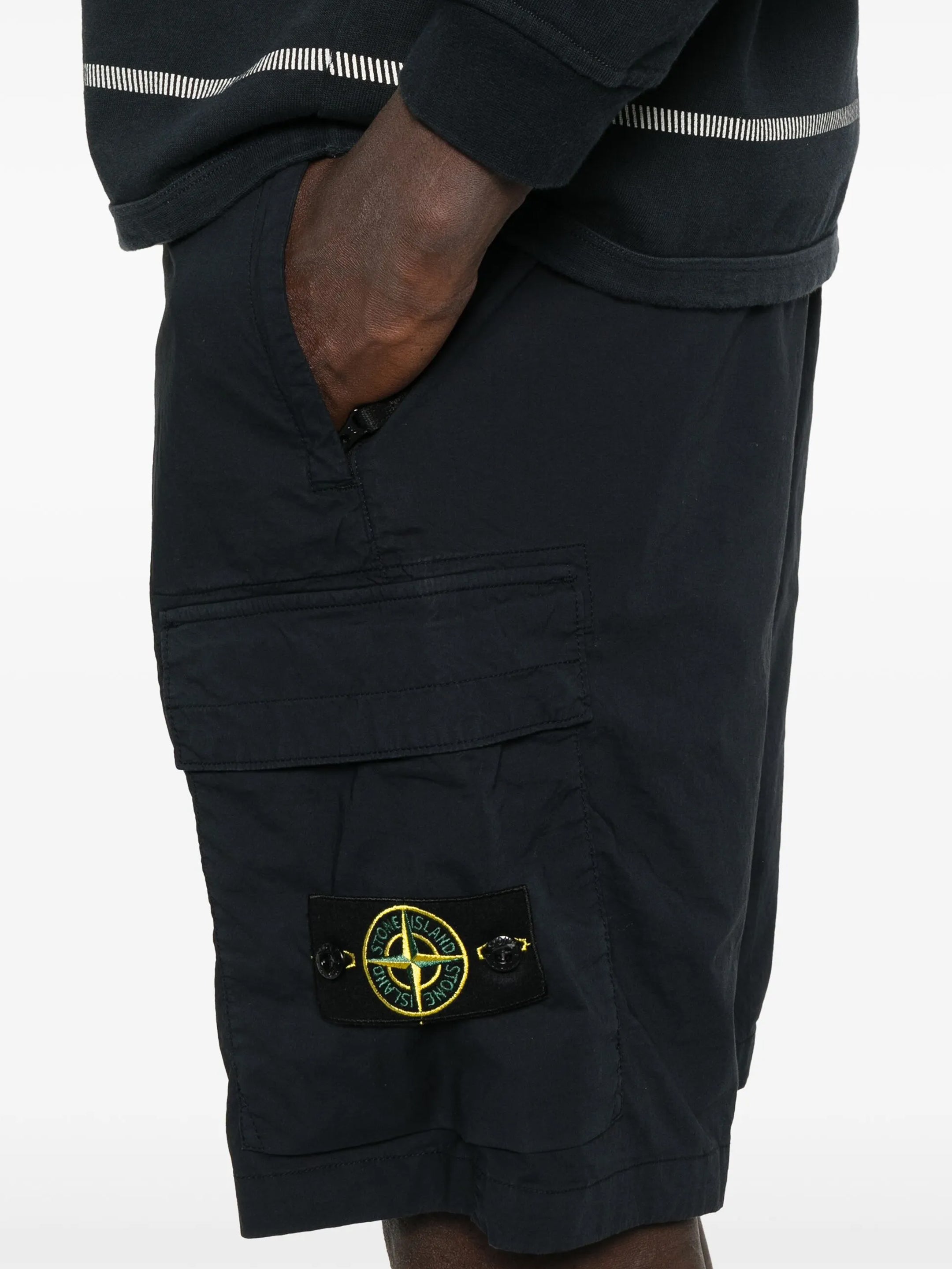 Navy blue stretch cotton bermuda shorts by Stone Island, back view