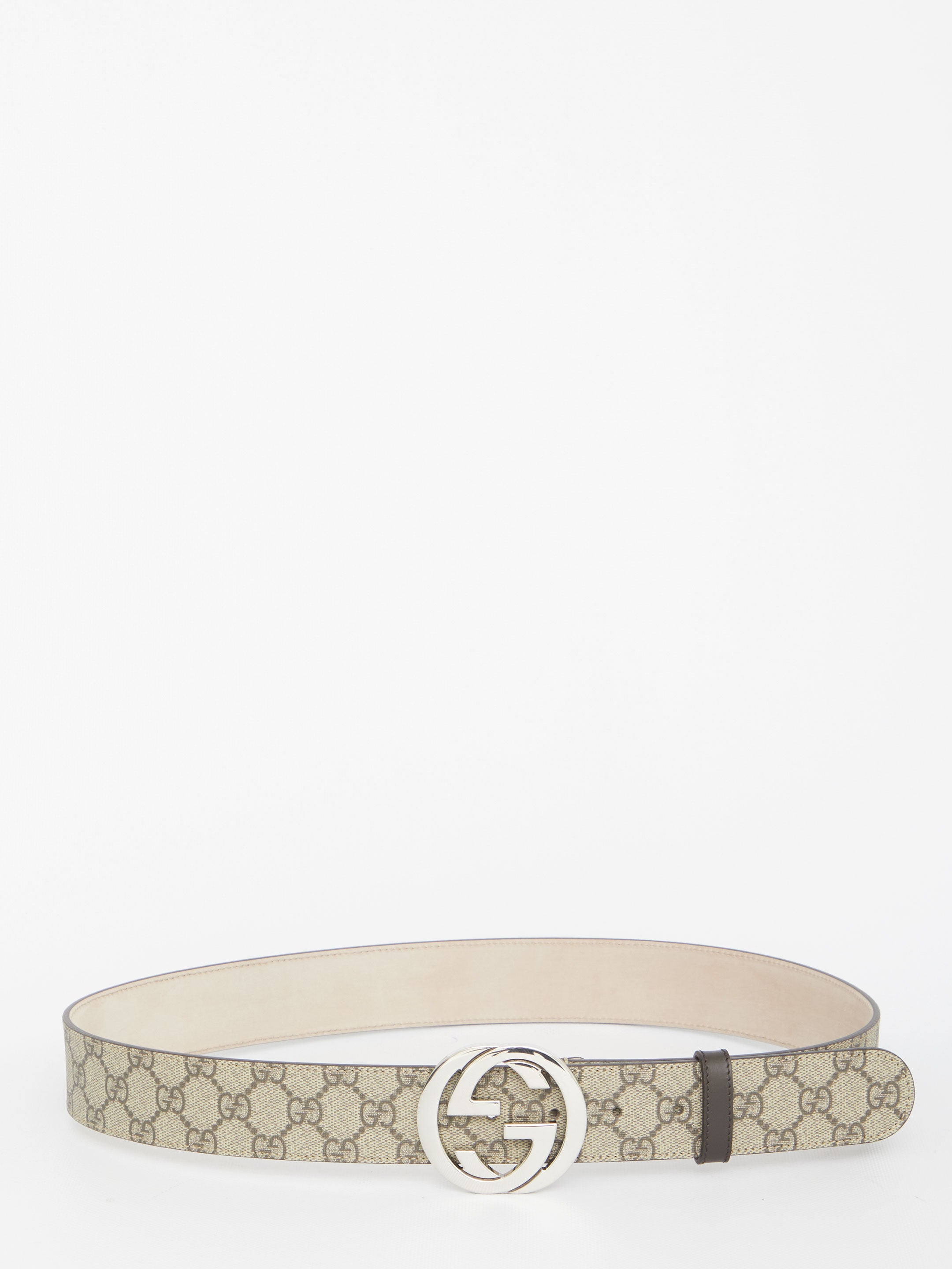 Beige and ebony Gucci GG Supreme canvas belt with silver GG buckle, front view