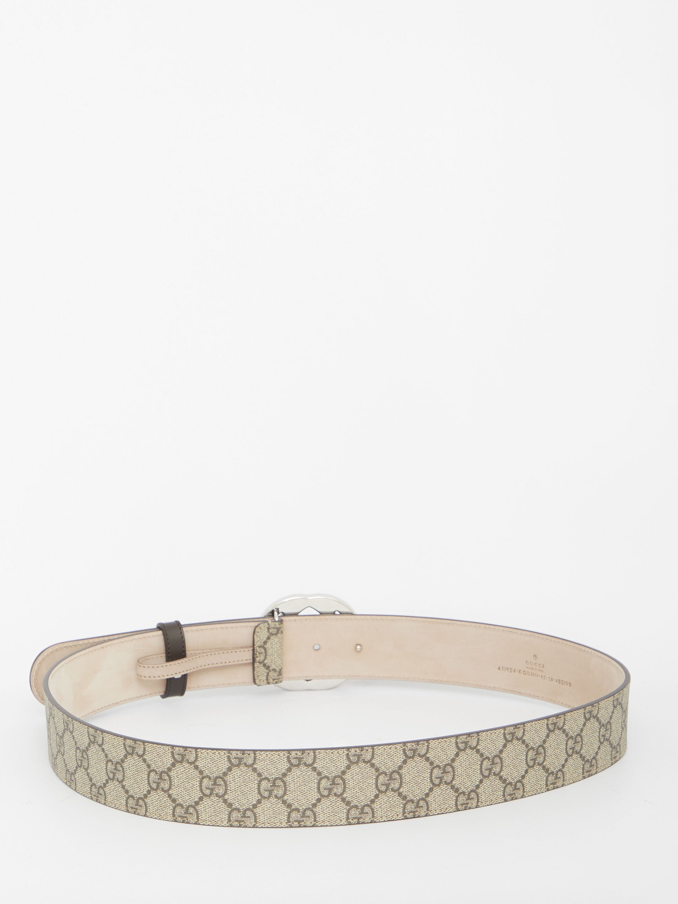 Beige Gucci GG Supreme belt with brown leather trims, detail view