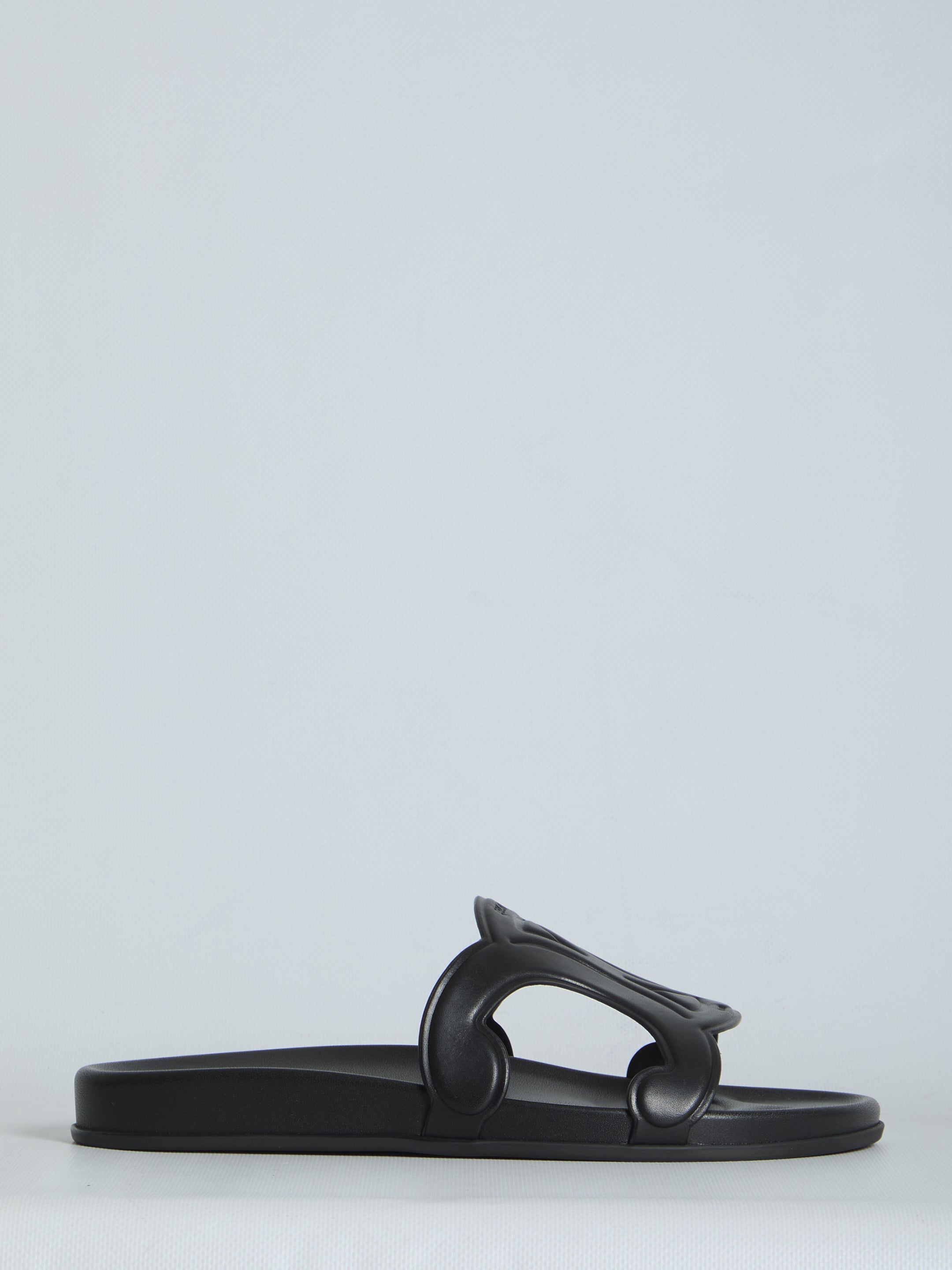 Black Celine Triomphe slide sandal with oversize logo, top view