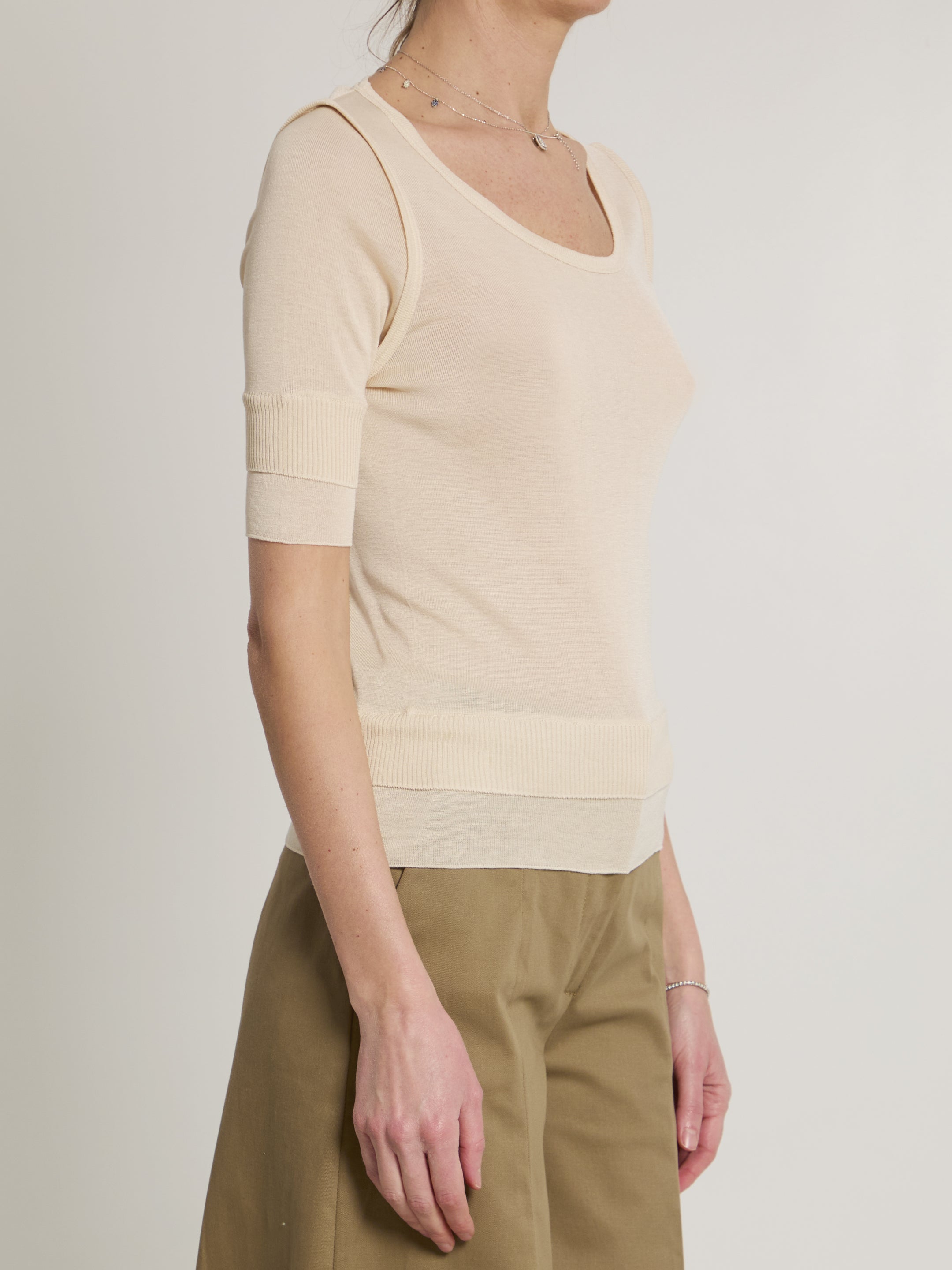 Pink Lemaire seamless top with ribbed crew neck, back view