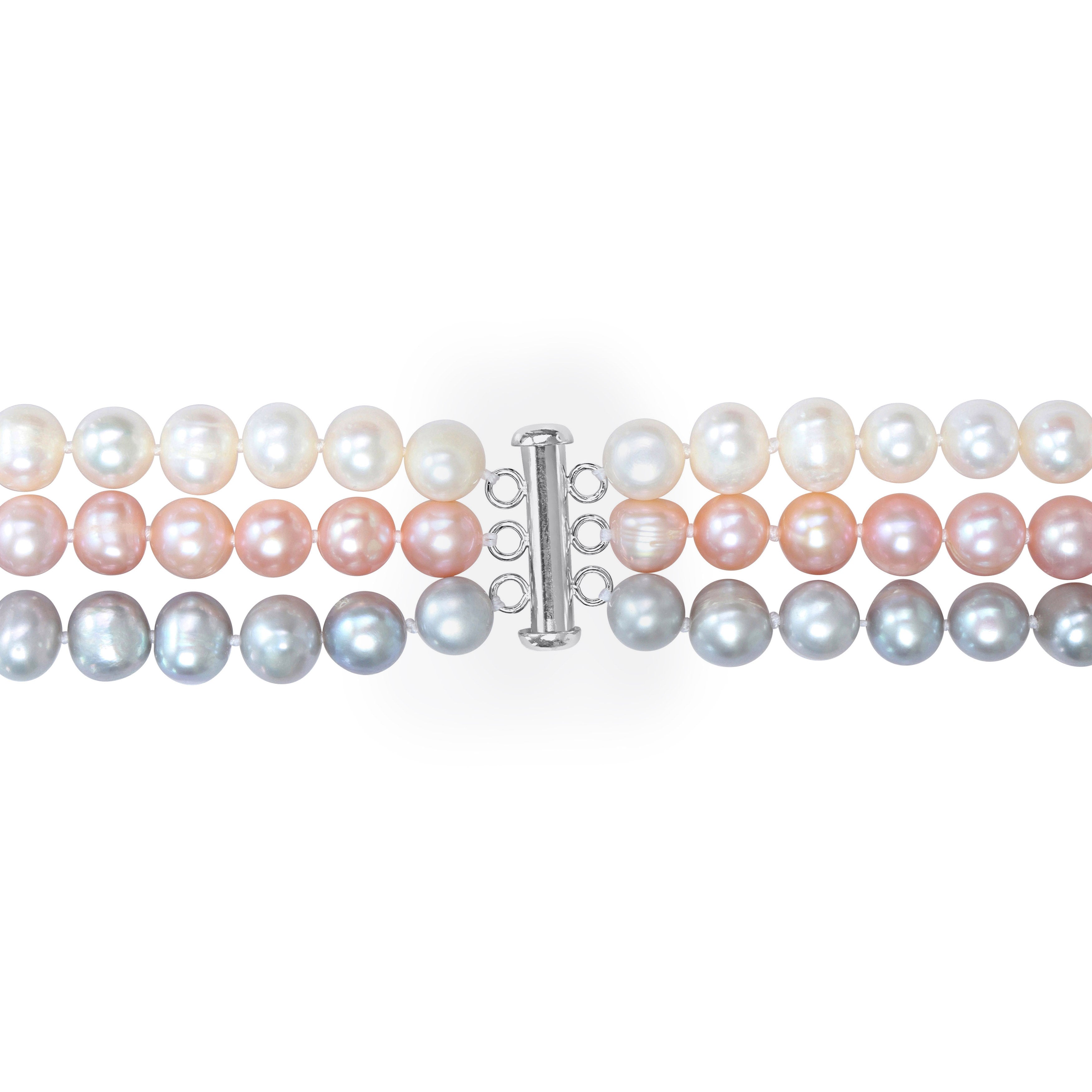 Multi-color freshwater pearl layered necklace, back view showing bayonet clasp