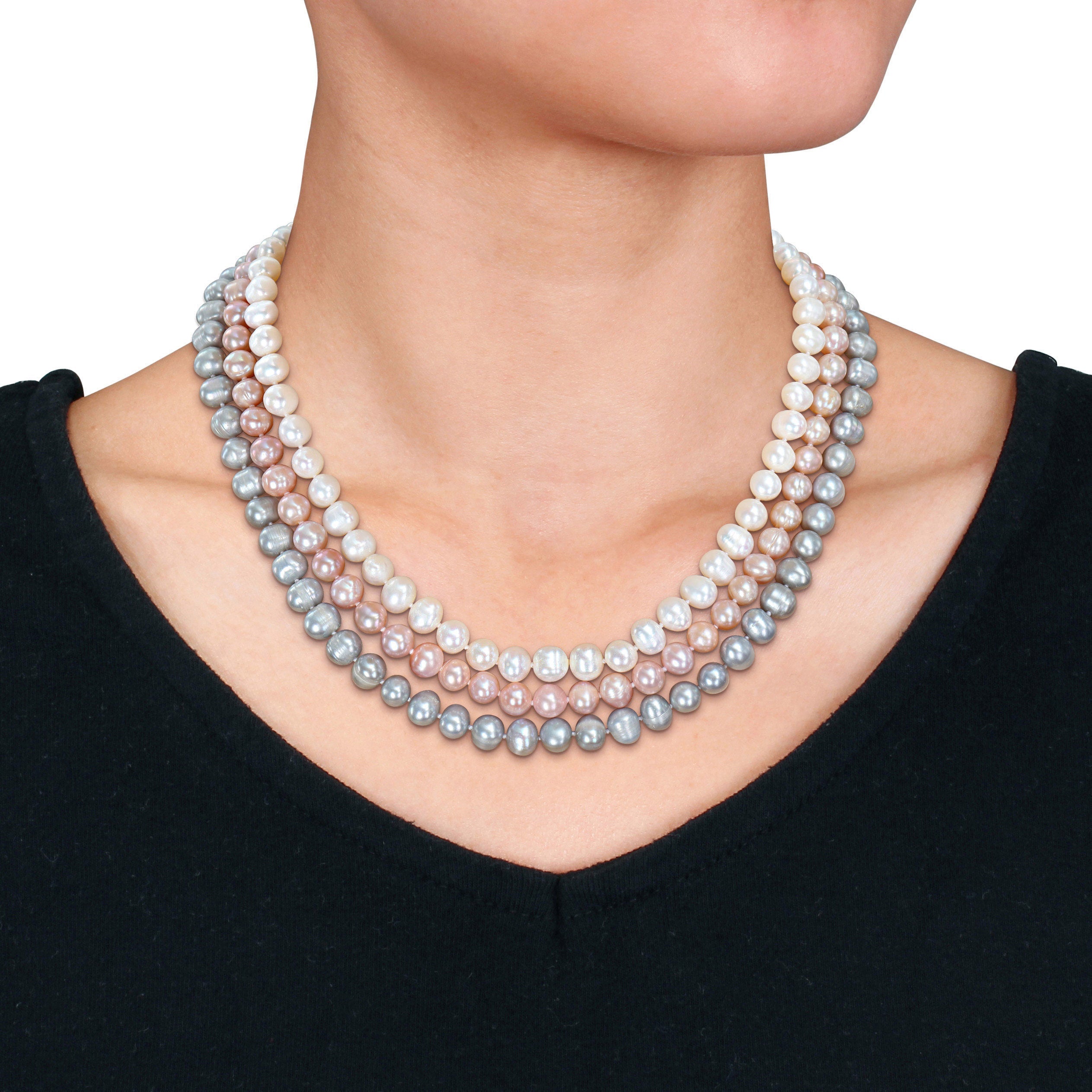 Sterling silver freshwater pearl necklace, close-up of bayonet clasp