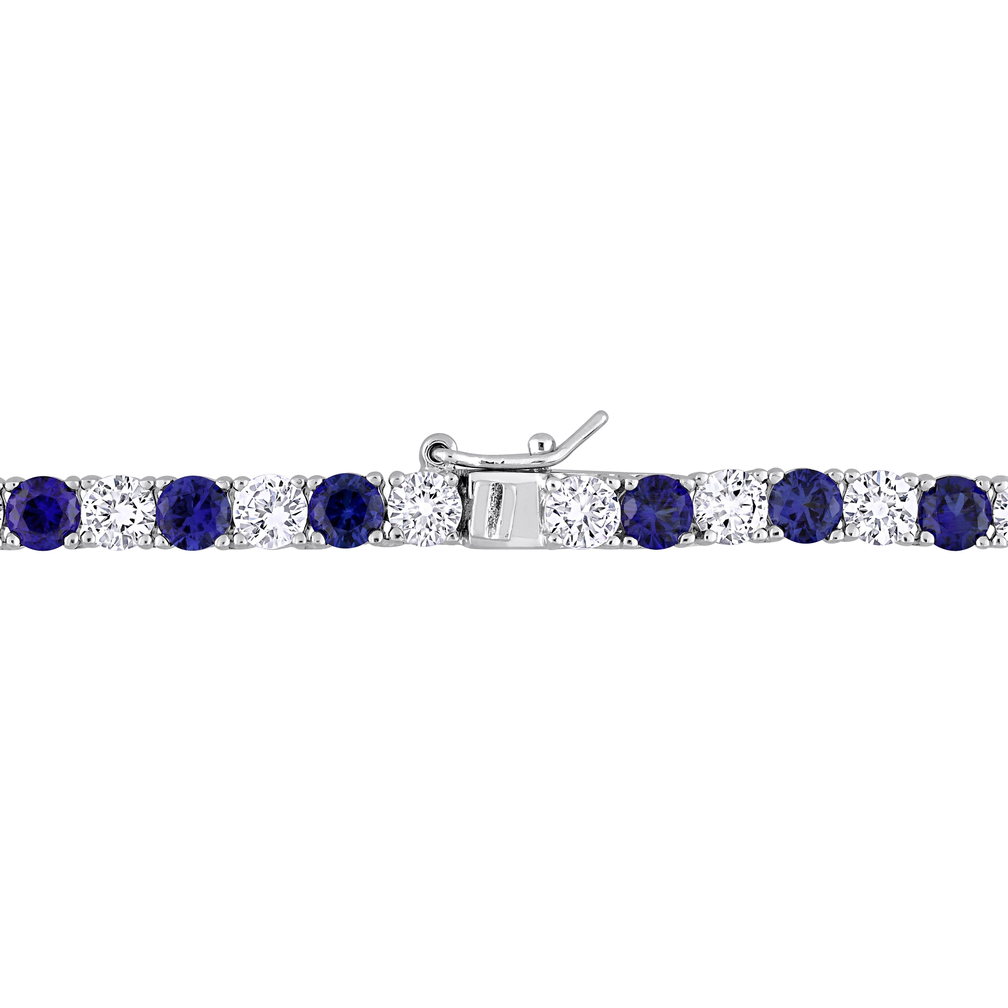 Sterling silver tennis necklace with created sapphires, back view showing box clasp