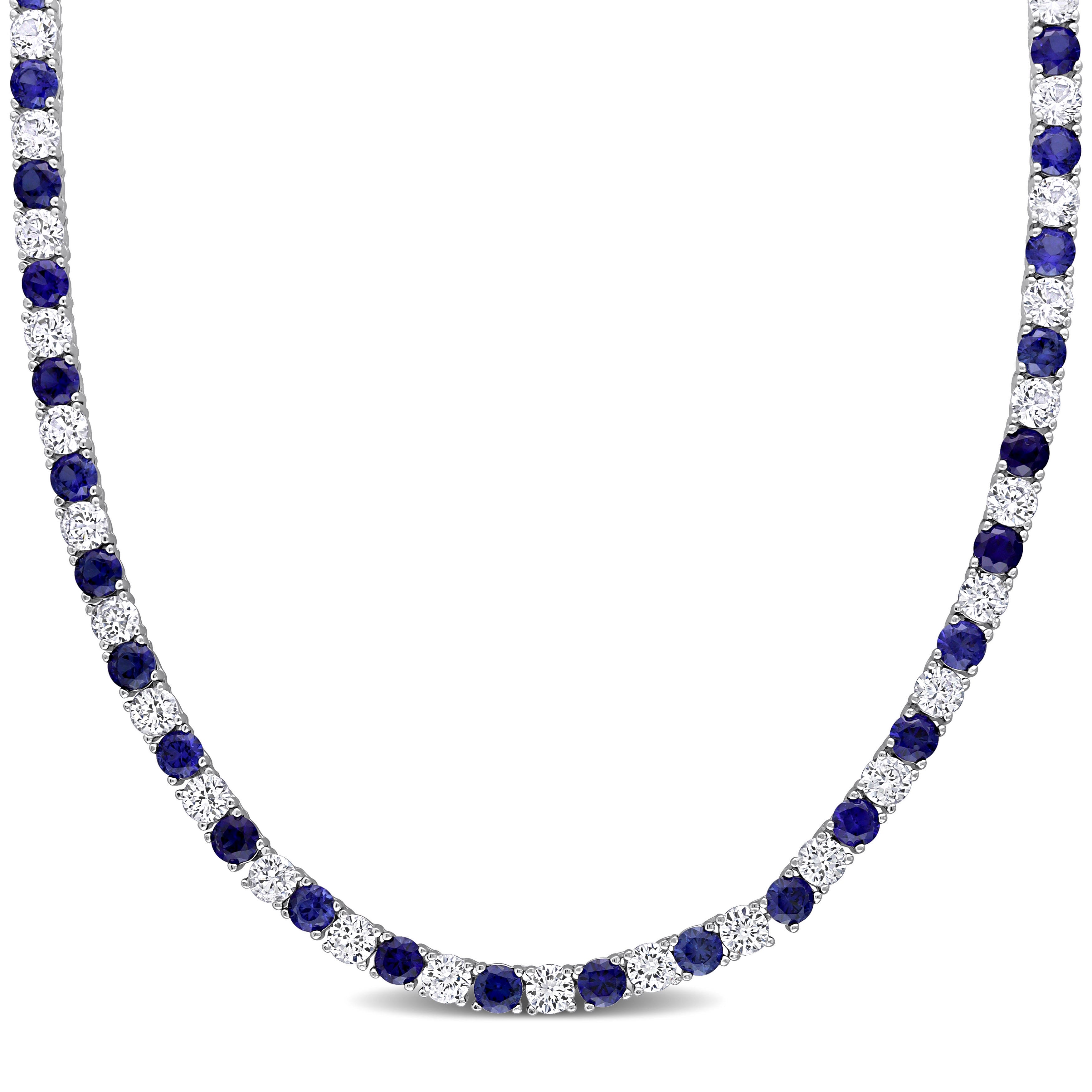 Blue and white sapphire tennis necklace in sterling silver, front view by Lord & Taylor