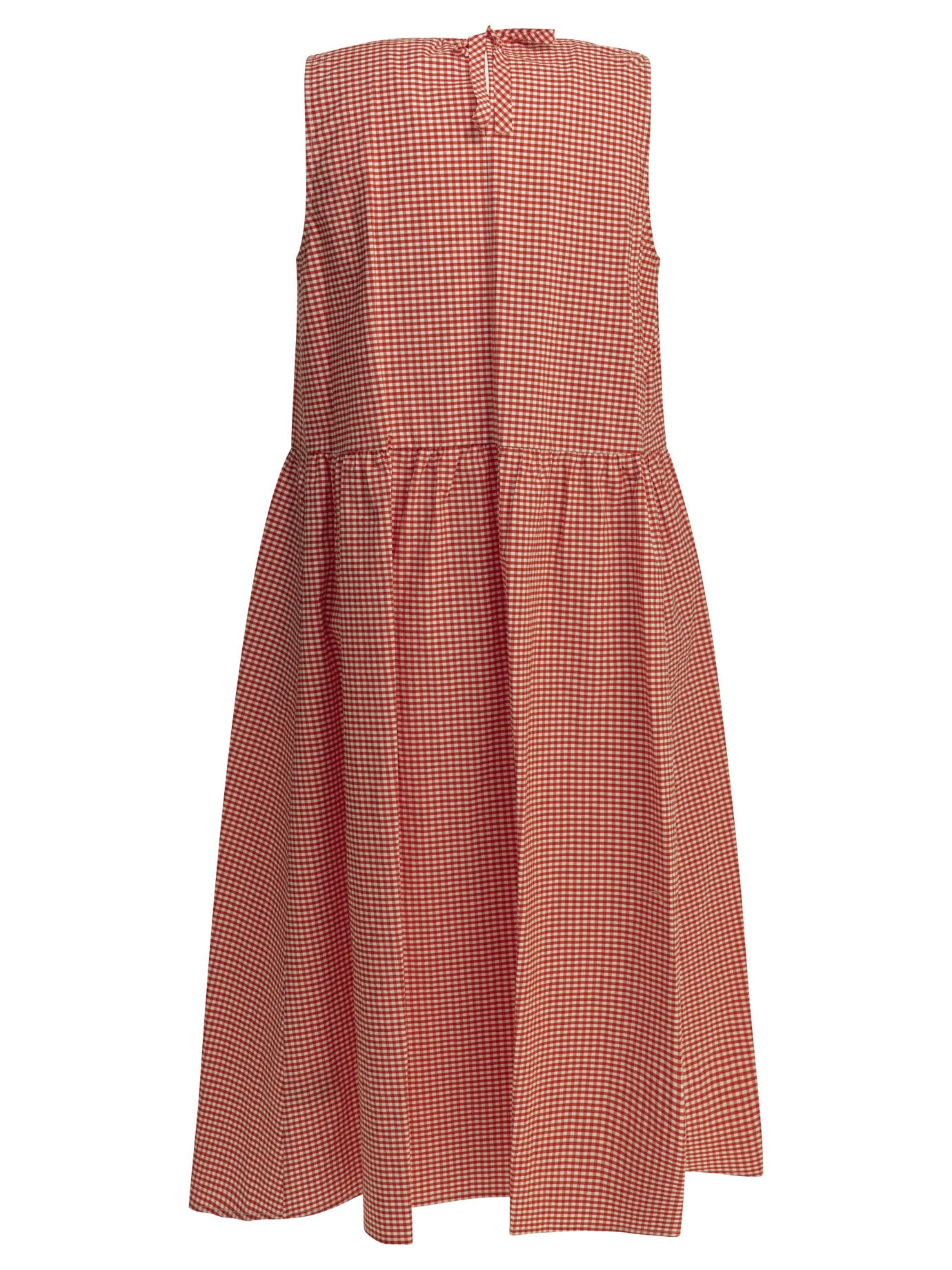 Red checkered APUNTOB dress with crew neckline, side view on model