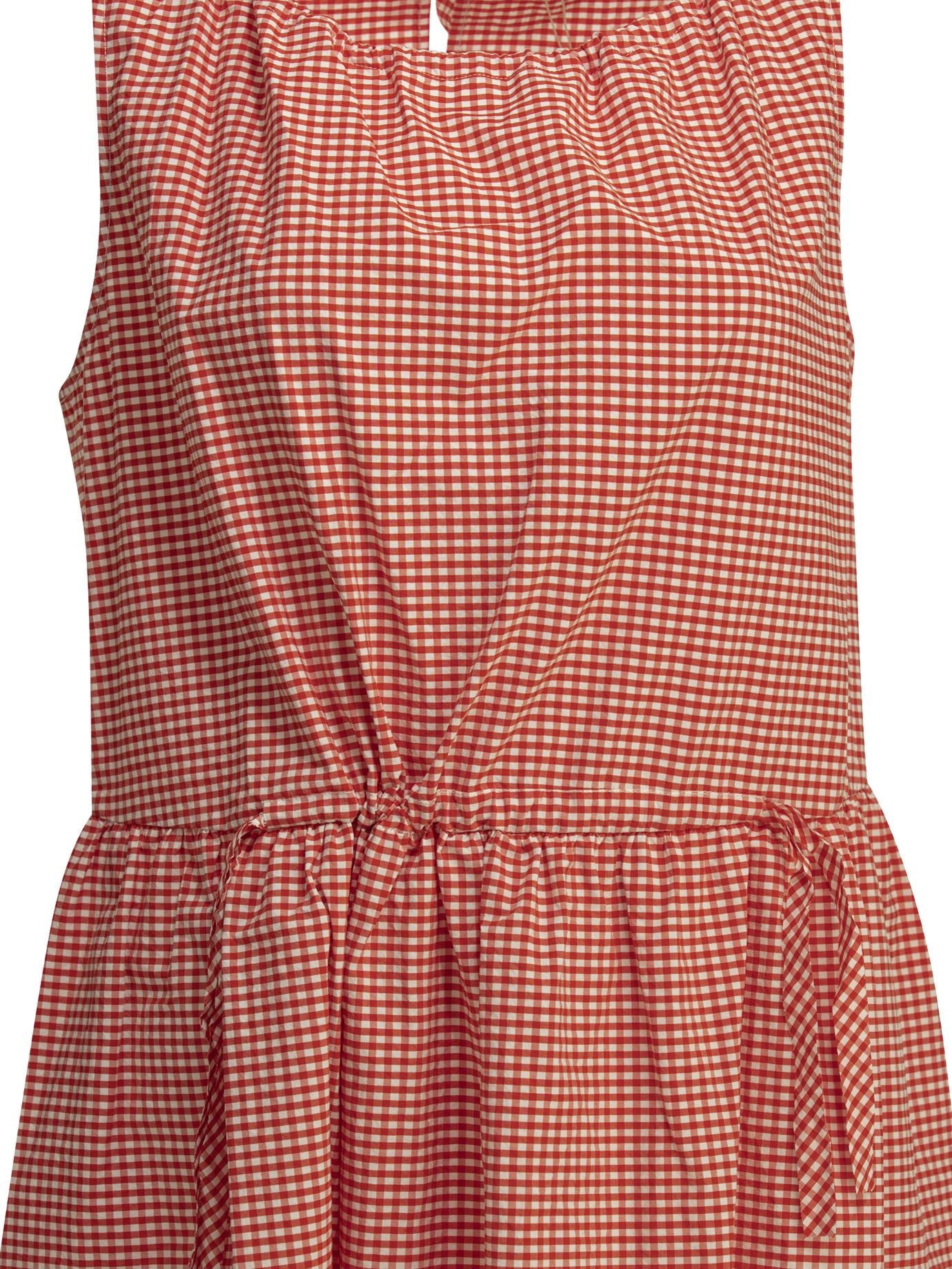 Red checkered midi dress by APUNTOB showing gathered waist, angled view