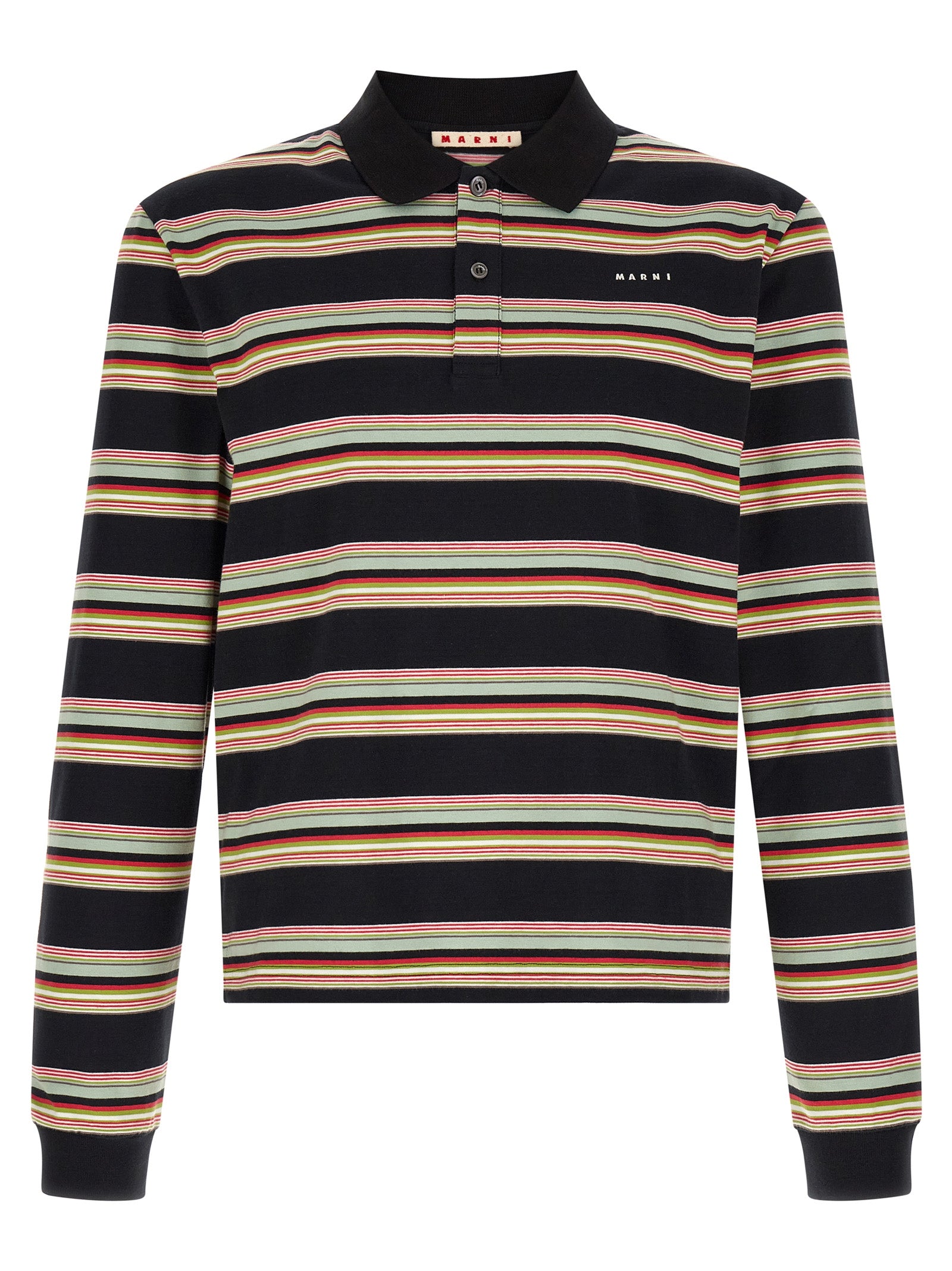 Multicolor striped long sleeve polo shirt with black base by Marni, front view