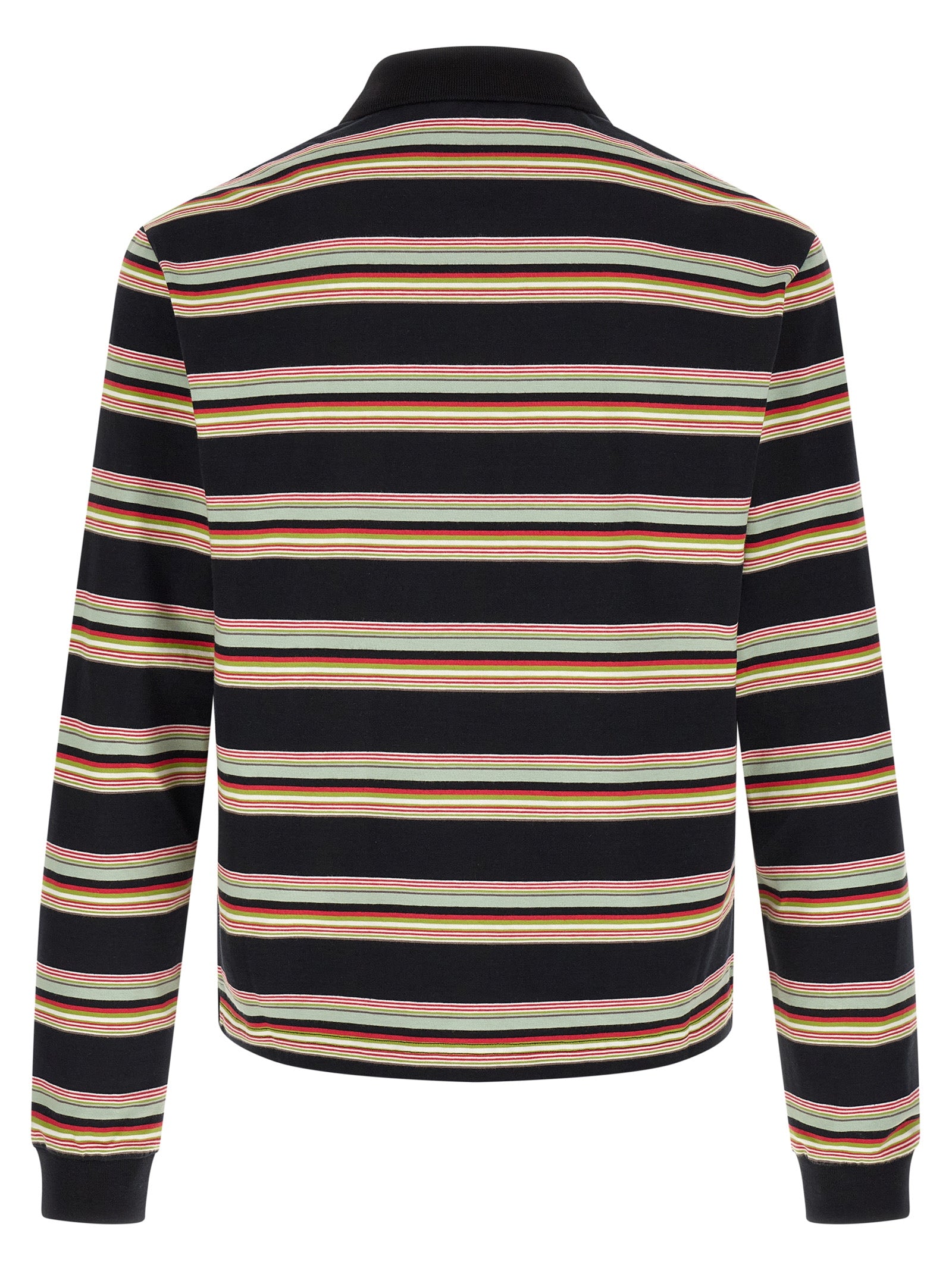 Marni multicolor striped polo shirt showing contrasting black collar and chest logo, detail view