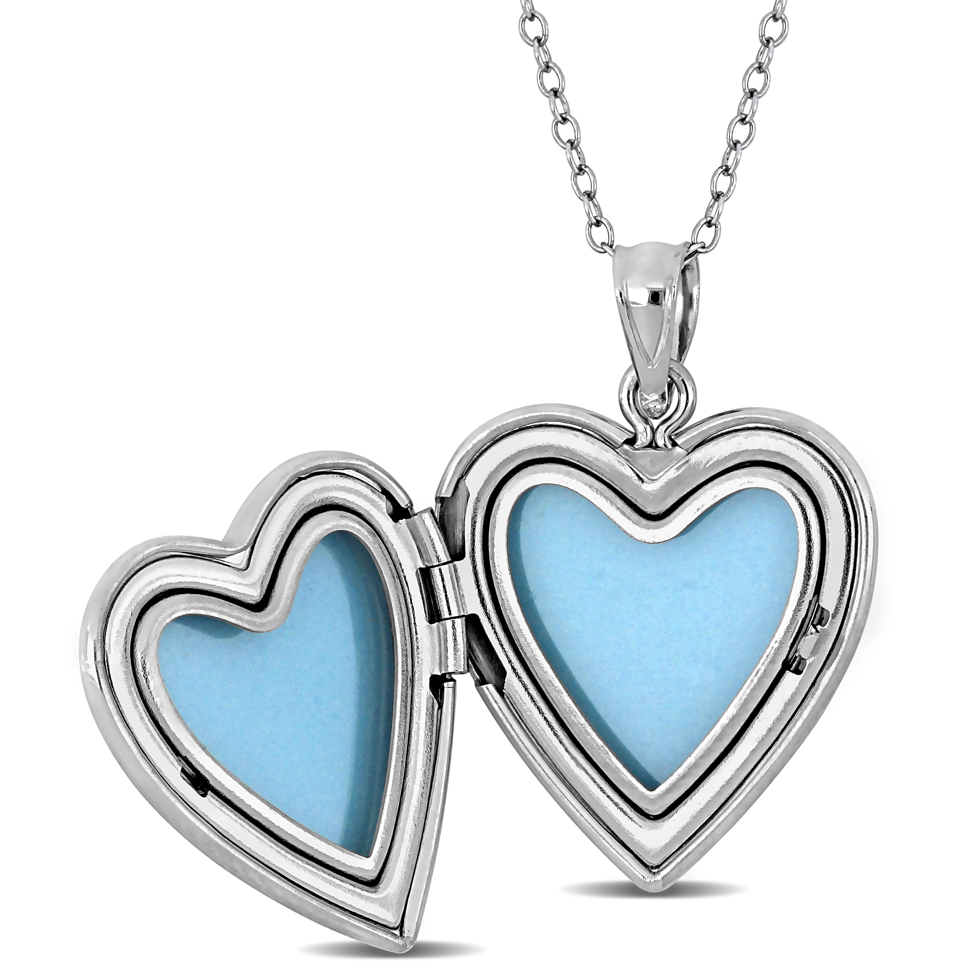Sterling silver heart locket pendant necklace with floral design, open view showing interior