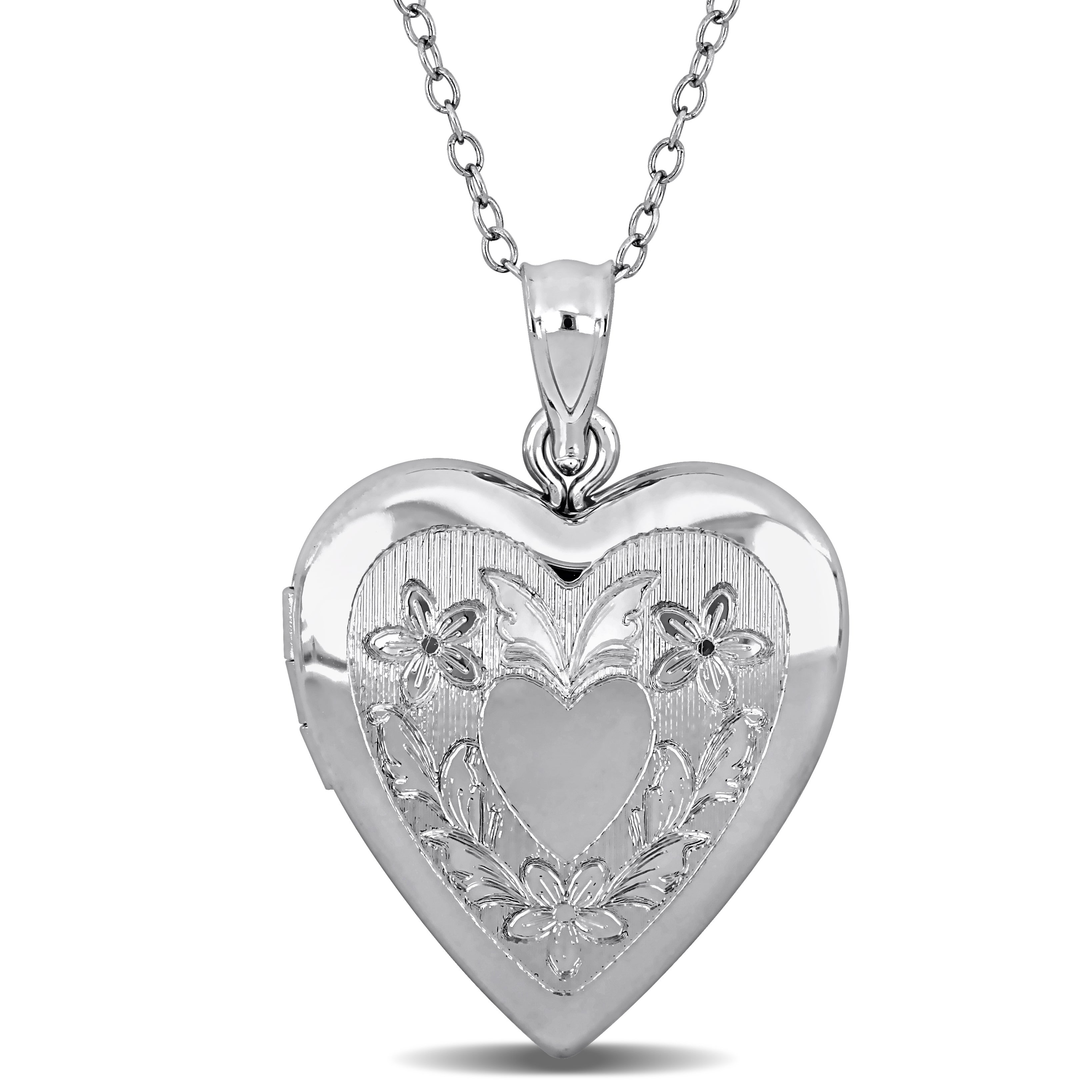 Sterling silver heart locket pendant necklace with floral engraving, front view by Lord & Taylor