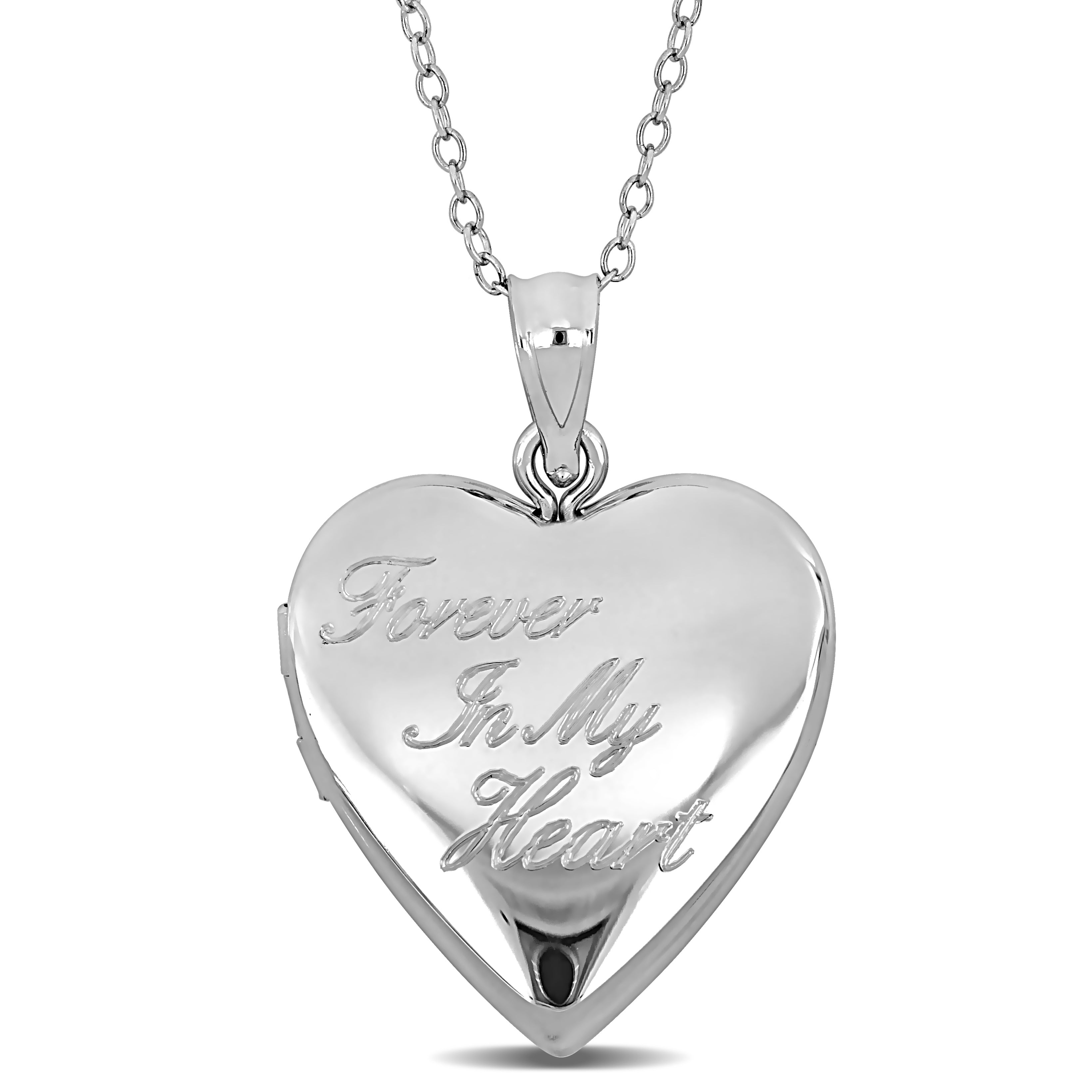 Sterling silver heart locket pendant necklace with Forever In My Heart inscription, front view