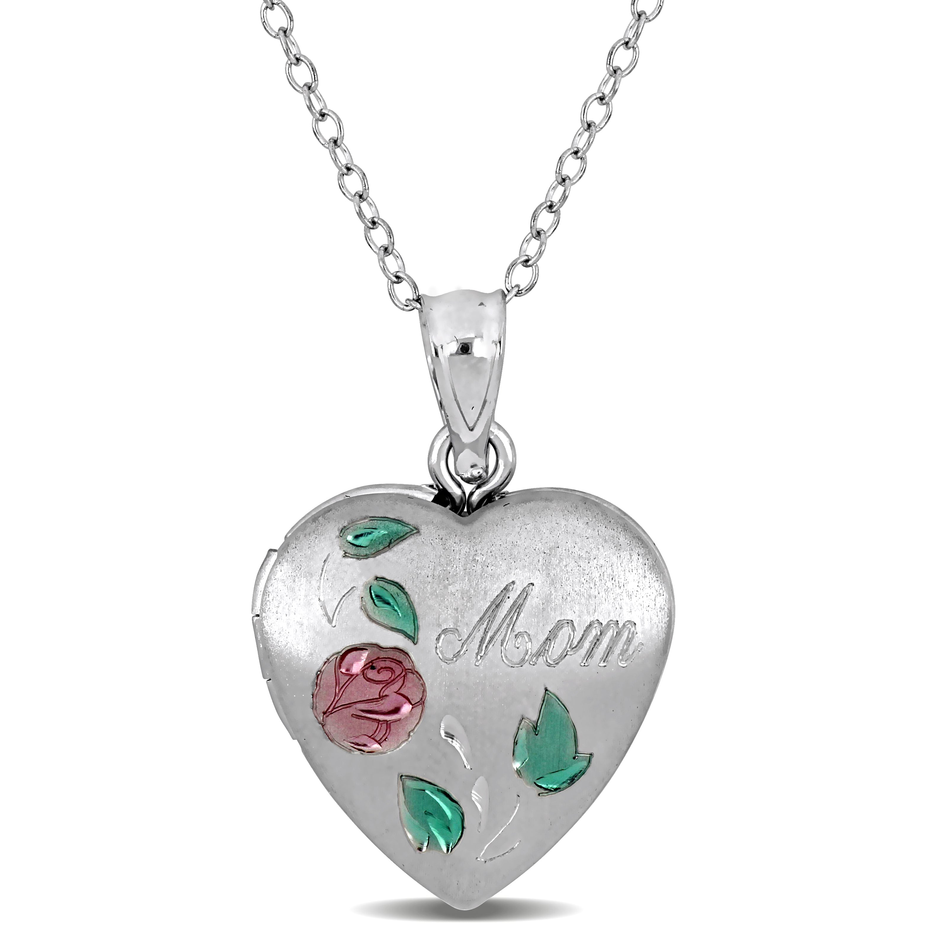 Sterling silver heart locket with painted rose and Mom engraving, front view by Lord & Taylor